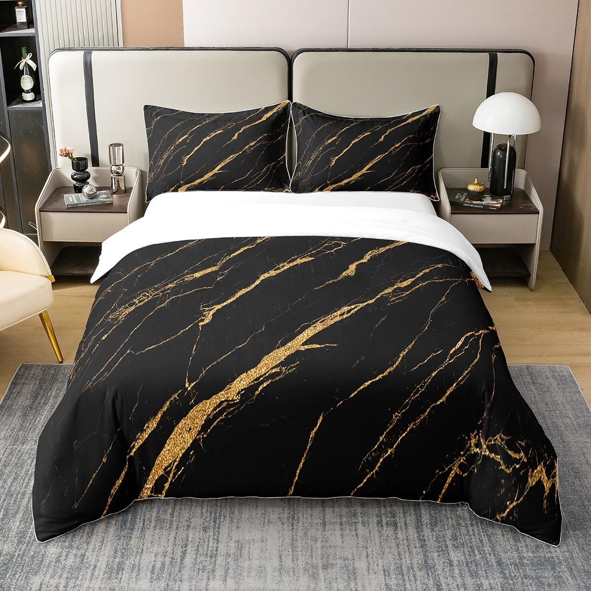 Housse de couette 220x240cm coton noir or marbre parure de lit moderne