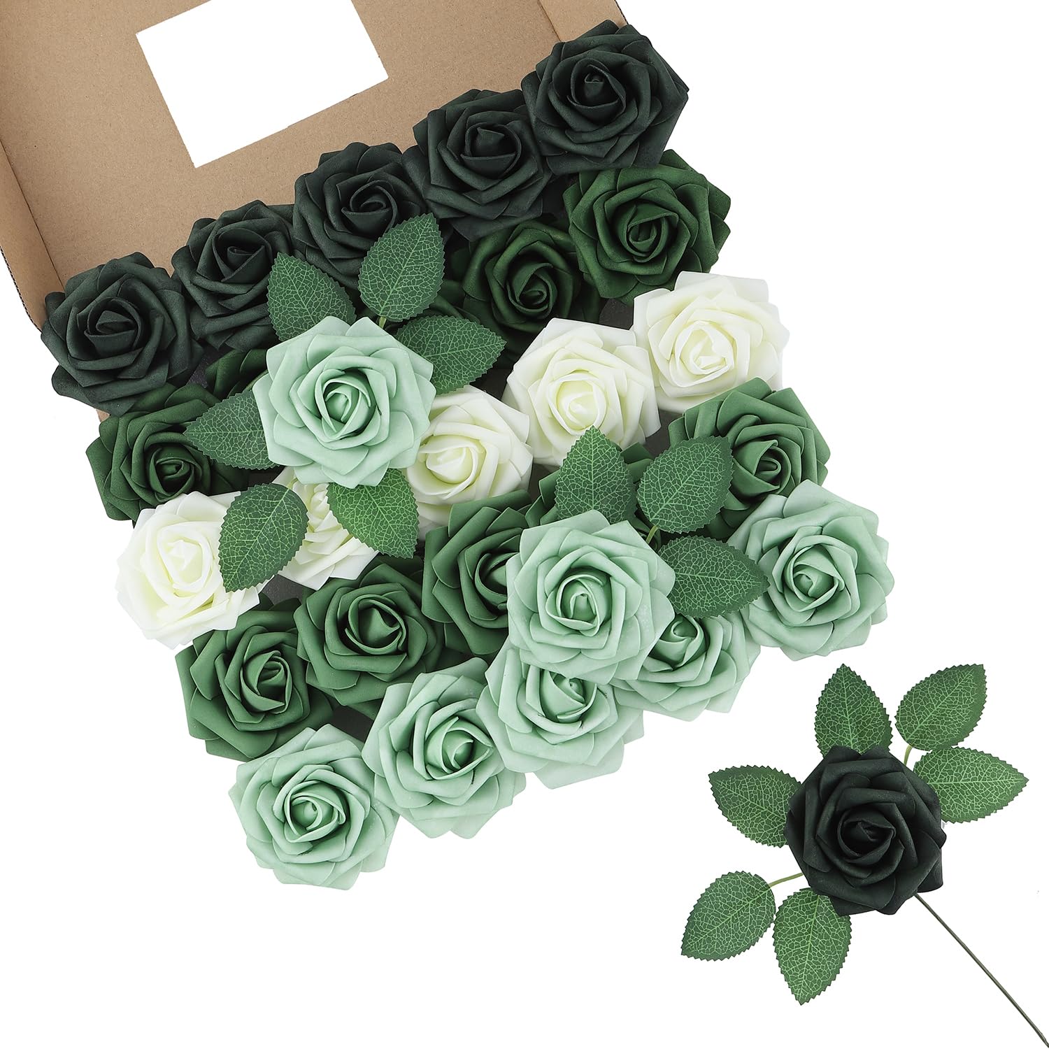25 rose artificiali bianche e verdi, rose finte in schiuma realistica al tatto, per bouquet da sposa, centrotavola, composizioni floreali, feste, decorazioni per la casa