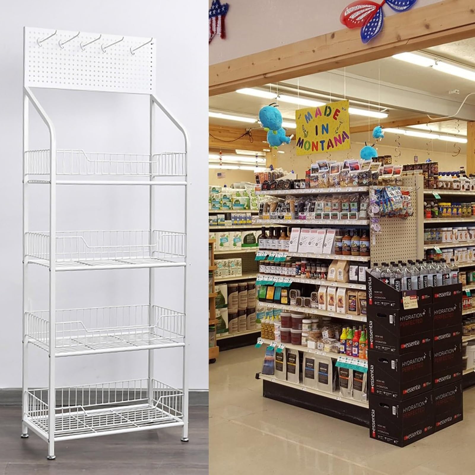 Expositores de 4 o 5 Niveles con Ruedas y 15 Ganchos, Estante metálico para almacenar Dulces y Snacks, Estante Multiusos para despensa, Cocina y Cine en casa, fácil Montaje (4 Niveles, Blanc