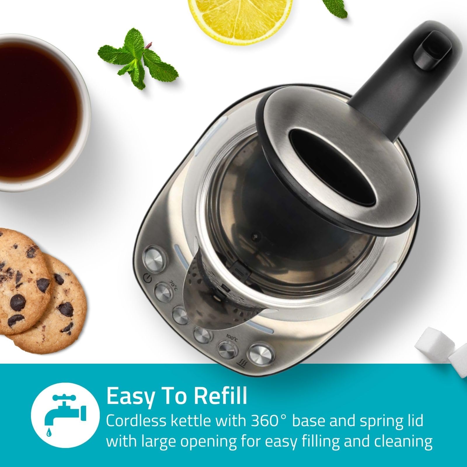 Nedis KAWK8000WIFI Bouilloire Intelligente Wi-Fi 1,7 L – Température Réglable 70/80/90/100 °C – Affichage Température – Base Pivotante 360° – Inox
