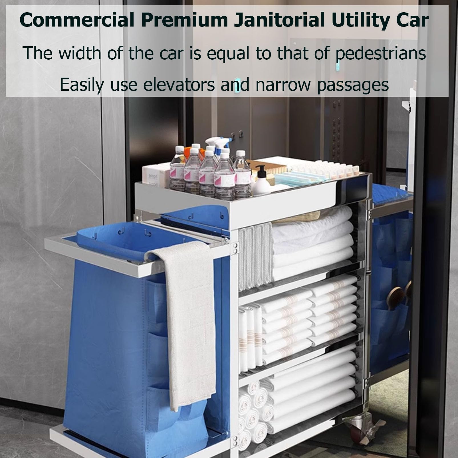 Carro de Limpieza de Acero Inoxidable de Alta Resistencia con Ruedas silenciosas. Carro de Limpieza para lavandería con Soporte para fregona. Ideal para la Escuela, la Oficina y ta