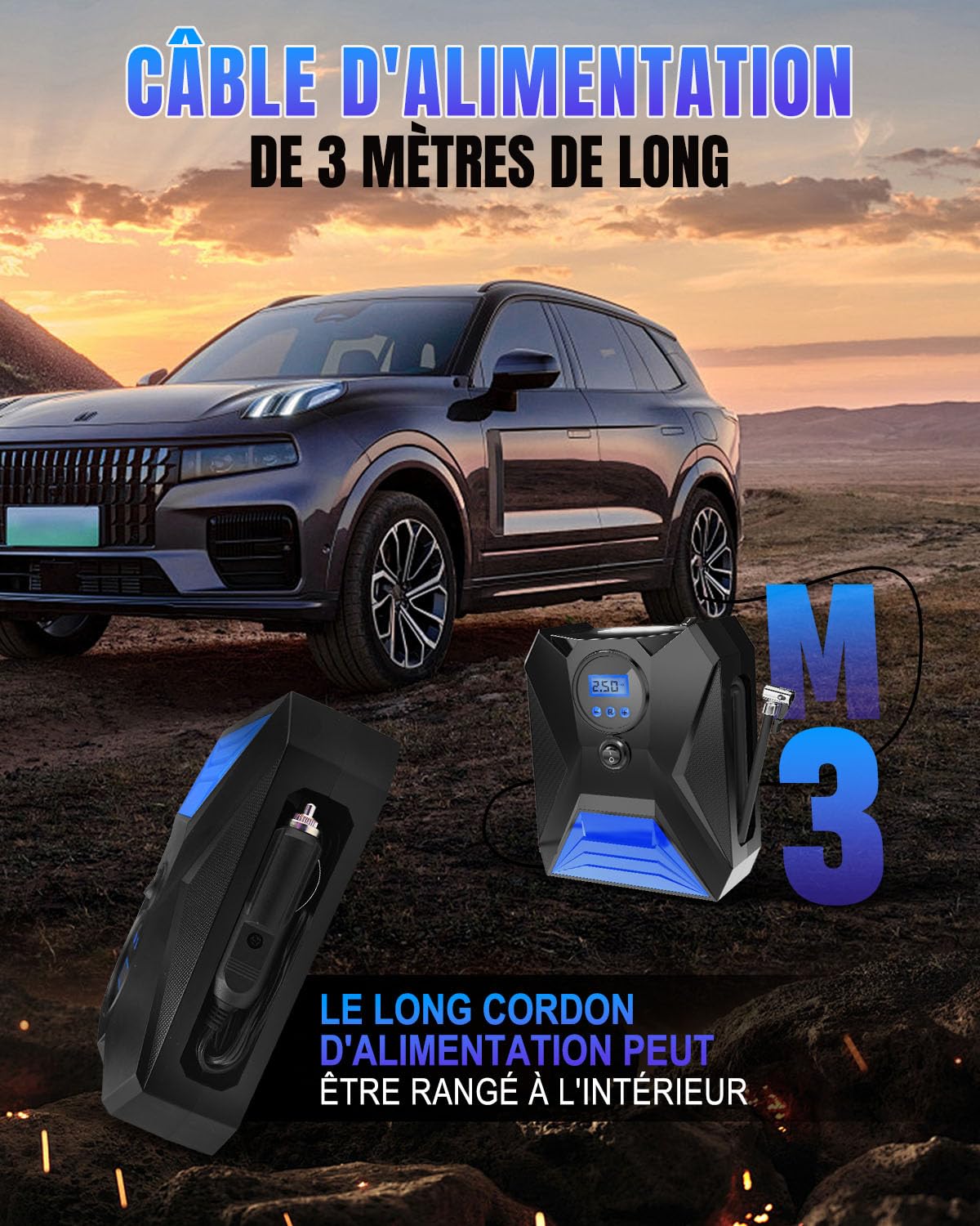 Gonfleur Pneus Voiture Portable 12V, Gonflage Rapide avec Écran Numérique HD, Mémoire Intelligente, Arrêt Automatique, 4 Unités de Mesure, Lumière LED, Idéal pour Vélo, Moto, Ballon (Bleu)