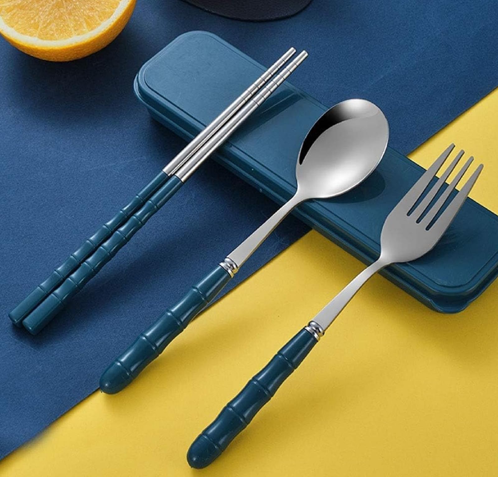 Tekzie Premium Stainless Steel Tableware Set – 1 Spoon, 1 Fork, 2 Chopsticks | Portable Cutlery Set for Home, Kitchen, Office, Travel