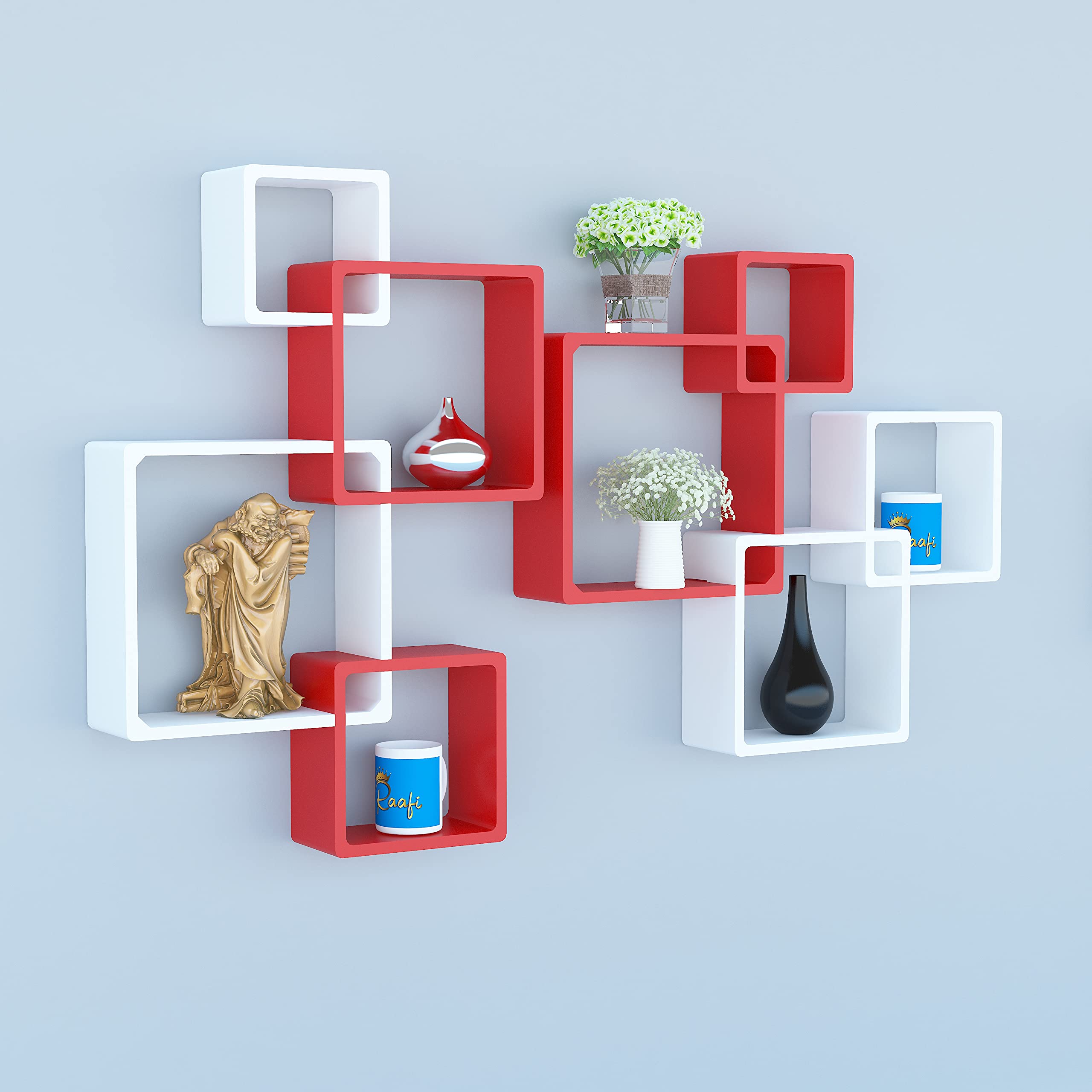Raafi Rafuf Wooden Intersecting Wall Shelves (Set of 8) (Red & White) (B09GLSHJ4H) Amazon Price History, Amazon Price Tracker