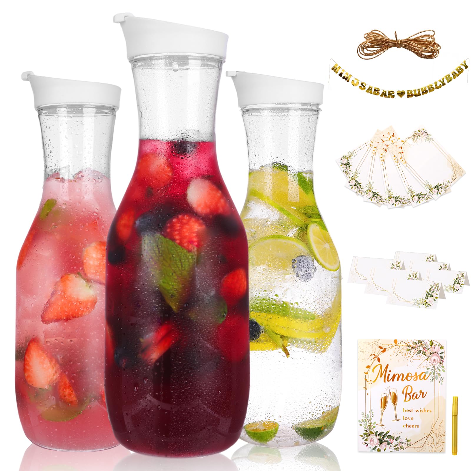 Tomnk 50oz Plastic Pitcher with Lid, Round Carafe Pitcher for Water, Cold Tea, Juice, Milk, Cold Brew, Mimosa Bar and Other Drinks, 2 Pack