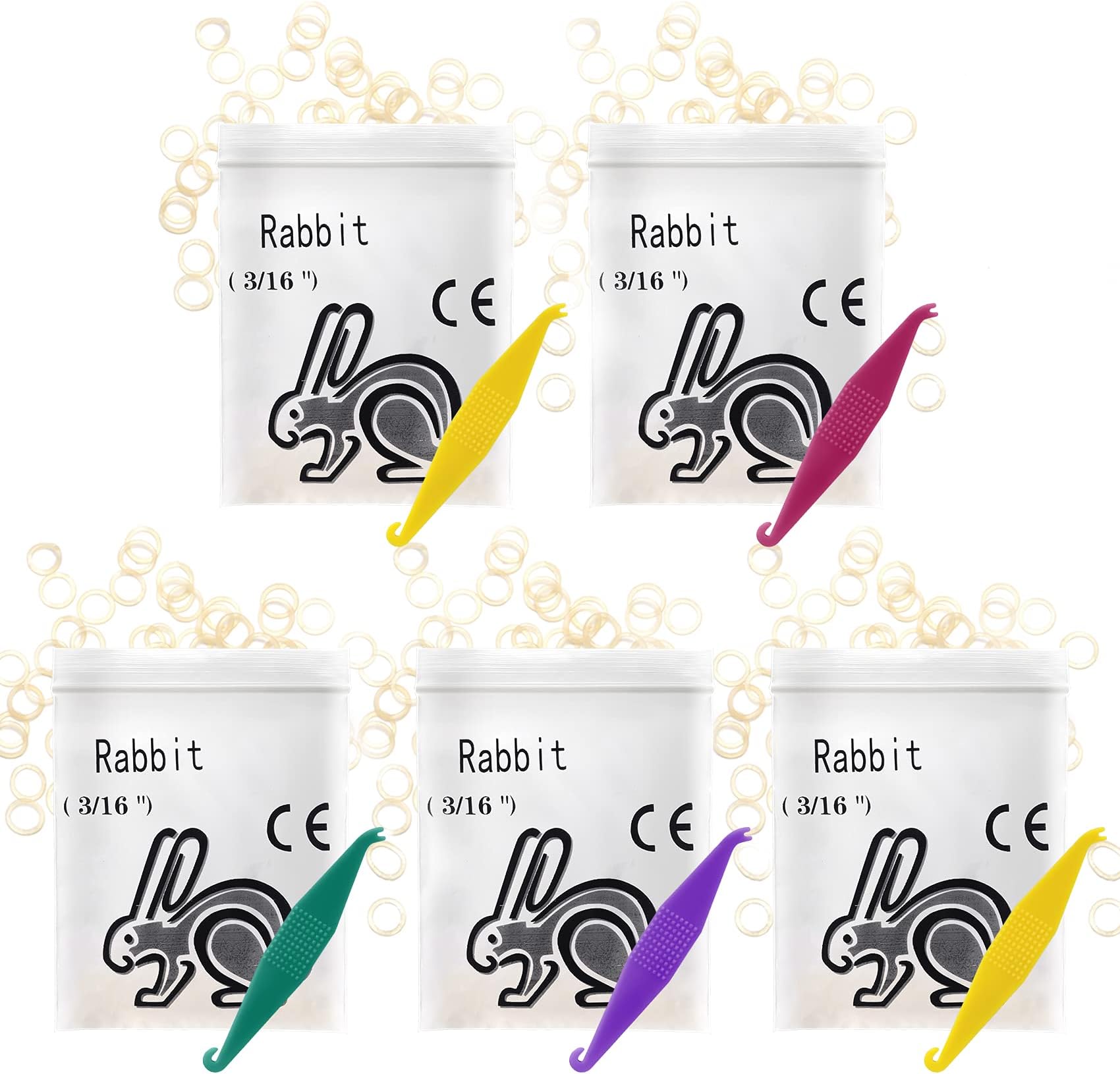 Annhua Dental Orthodontic Elastics Rubber Bands with 5 Pcs Placers, 500pcs Braces Rubber Bands for Braces, Teeth Gap,Crooked Teeth,etc (Rabbit 3/16'' 3.5OZ)