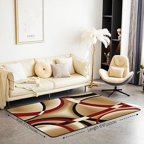Miniatura 2 de Alfombra geométrica circular de 5 x 6 pies 6 pulgadas, líneas rojas, negras y marrones, alfombra antideslizante decorativa para dormitorio, oficina,