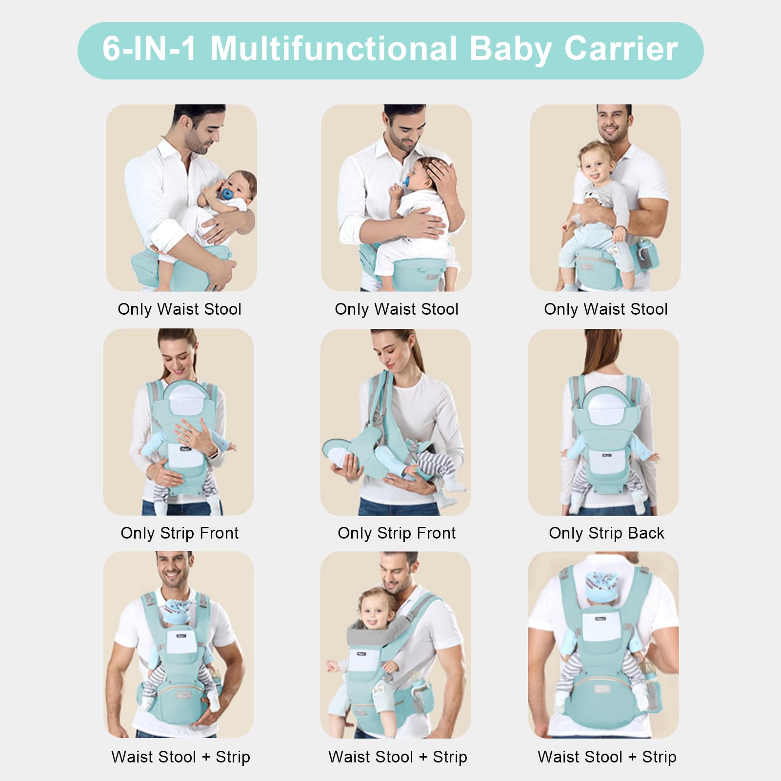 IULONEE Marsupio Neonati con Sedile Multifunzione Zaino Ergonomico per Marsupi Trasporto Anteriore e Posteriore Regolabile per Neonato da 3 Mesi a 3 Anni (3-20kg) Verde