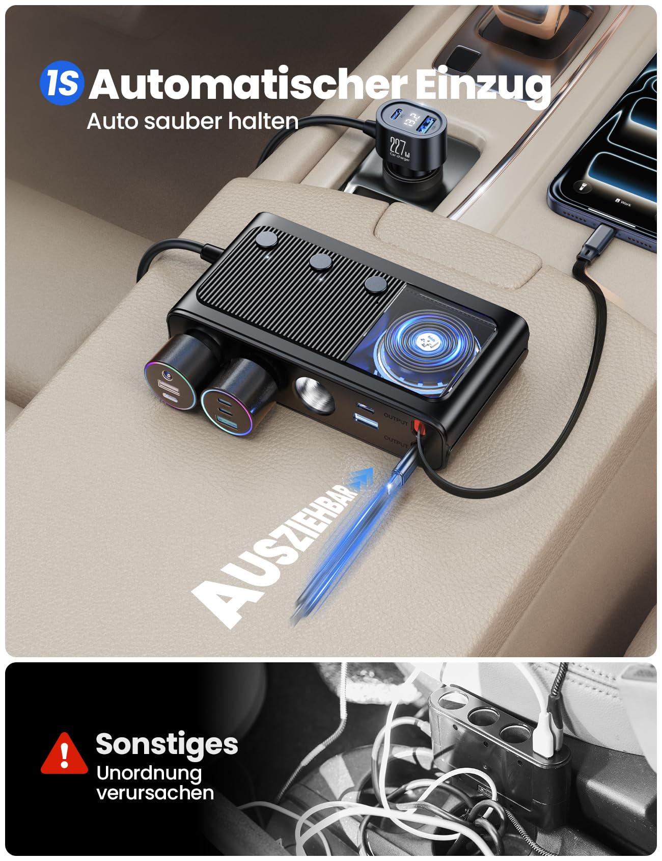 JOYROOM 227W Zigarettenanzünder Verteiler 9 in 1, Auto KFZ Ladegerät Adapter mit 80cm einziehbare 45W Typ-C & Lightning Schnellladekabel, 3 Fach 12V/24V Stecker mit Separatem Schalter für iPhone 17