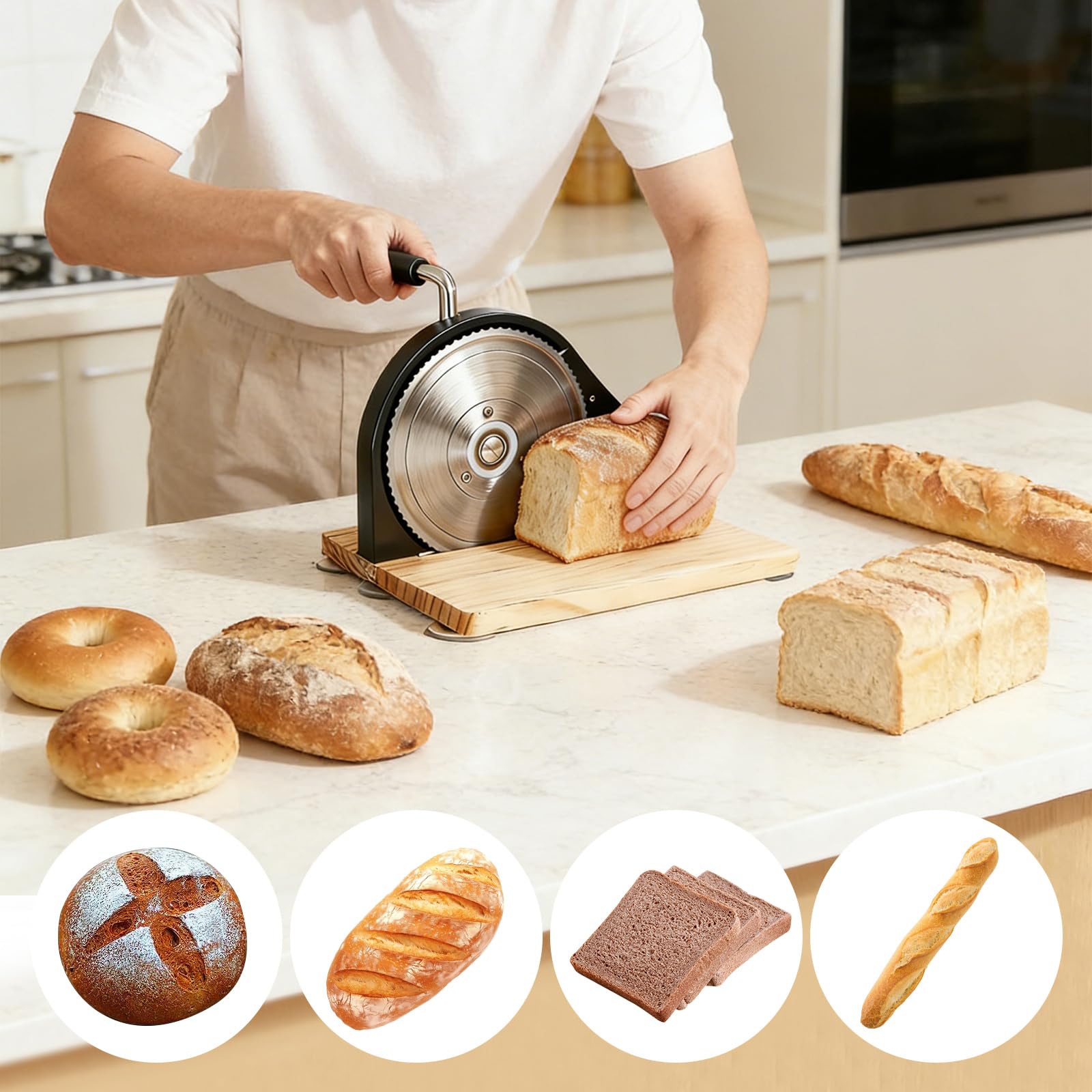 Brotschneidemaschine Manuell 0–15 mm Einstellbare Dicke, Rostfreie Stahlklinge, Skalenlinien & Saugnäpfe, Hell-Naturholz Design für Private und Kommerzielle Nutzung