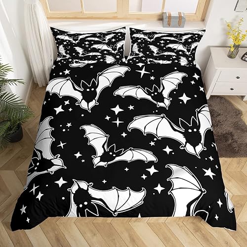 Erosebridal Decoración de Halloween de murciélagos, juego de ropa de cama tamaño King con purpurina y estrellas y galaxia, funda de edredón para
