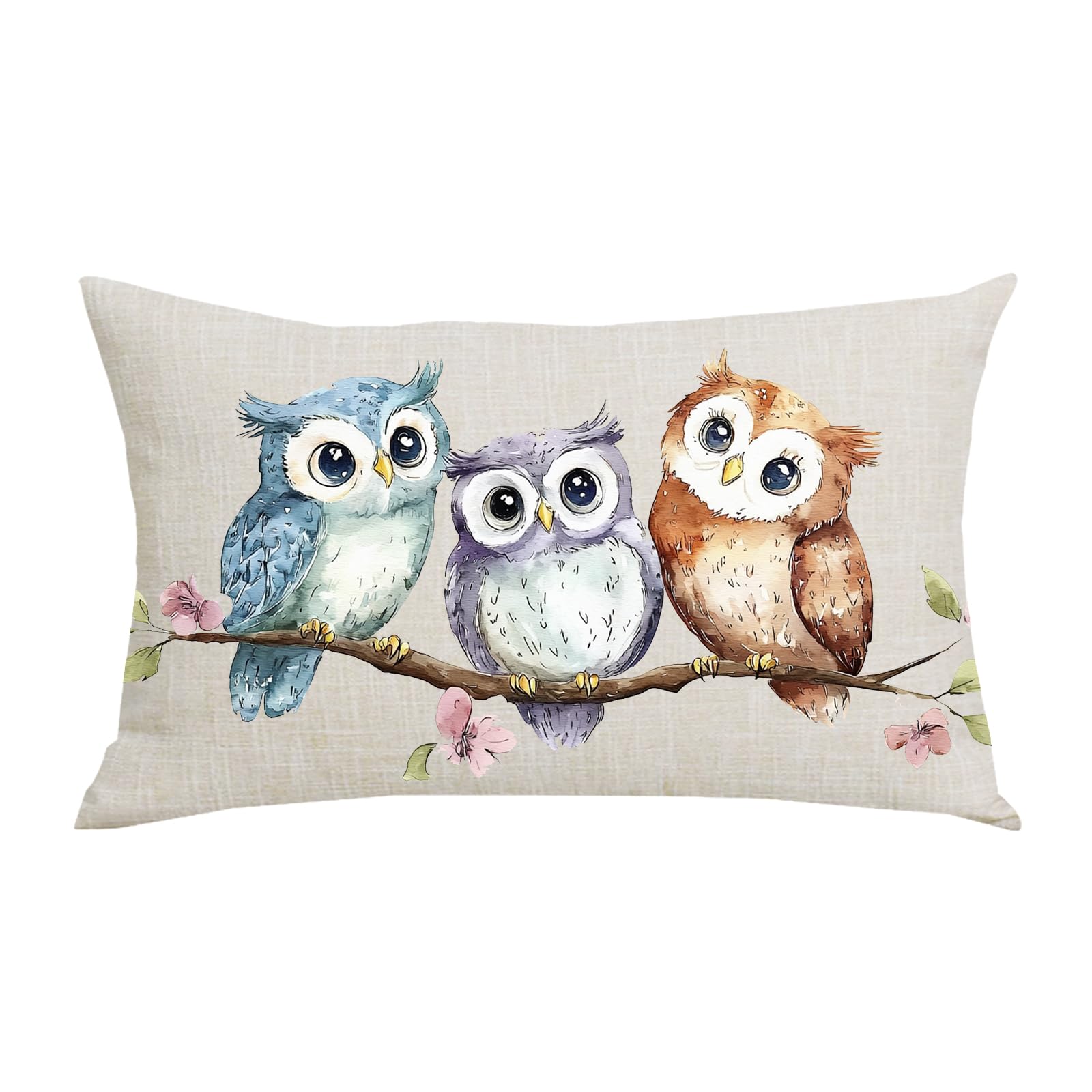 WENIANRU Watercolor Blue Brown Purple Owl Bird Spring Summer Fall Y'all Home Sofa Chair Bed Decoration Lumbar Pillowcase Cotton Linen Decorative Throw