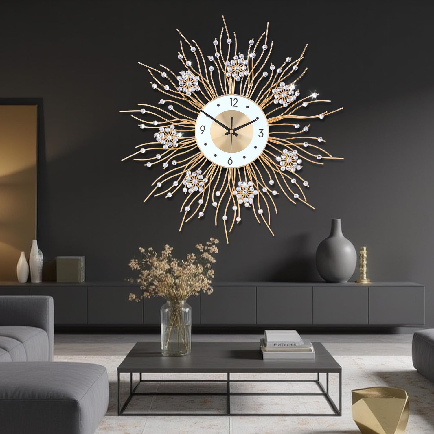 SIN&MI Large Wall Clocks, Silent Sunflower Shape Chic Decorative Wall Clock, Modern Non-Ticking Round Clock Dial Iron Metal Wall Clock for Living Room Decor Entrance Office Cafe 27.5 Inch