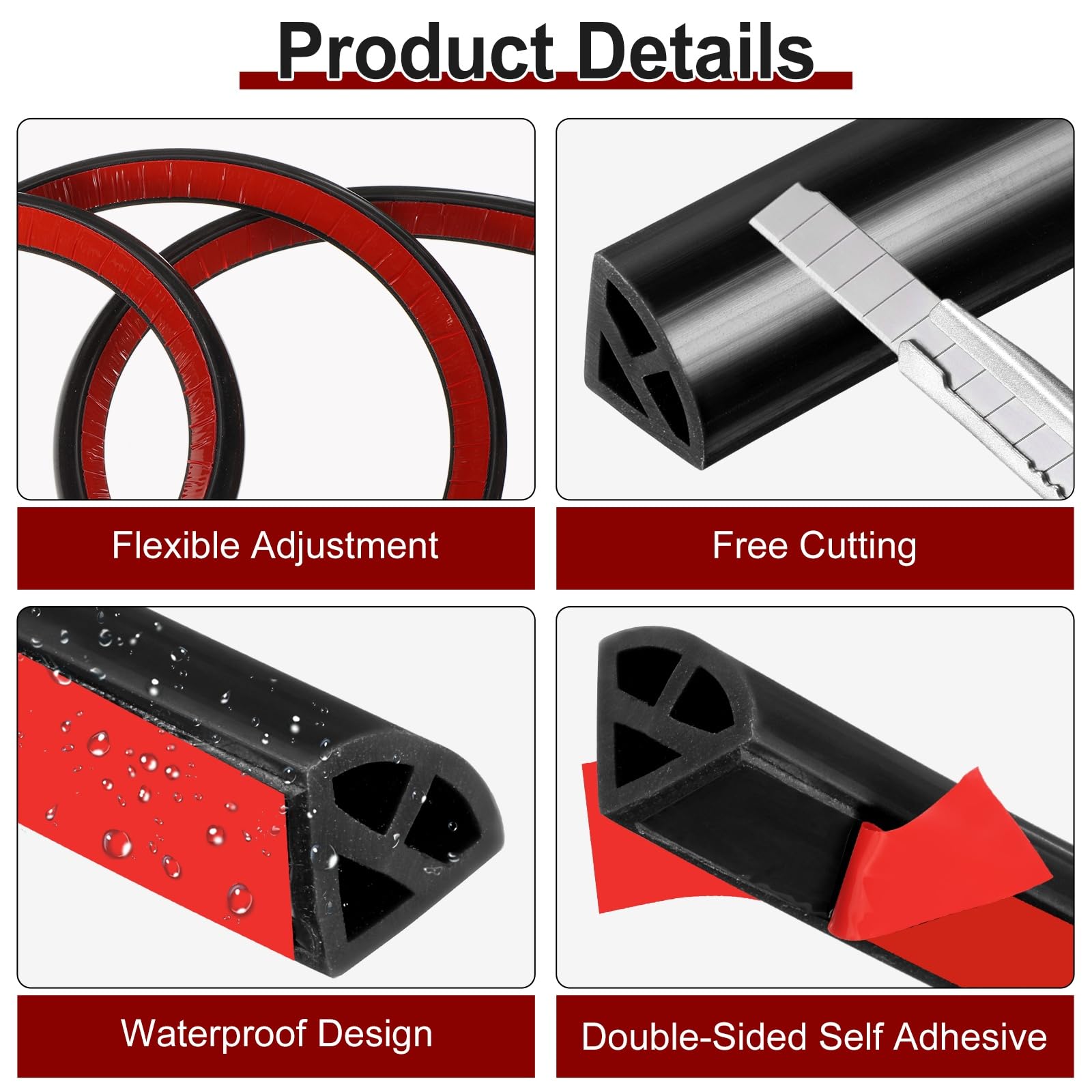 sourcing map 118 Inch Flexible Quarter Round Molding, Flexible Molding Trim, Double-Sided Silicone Peel and Stick Trim Self-Adhesive Shower Water Barrier for Floor, Corner, Tub, Black - Image 3