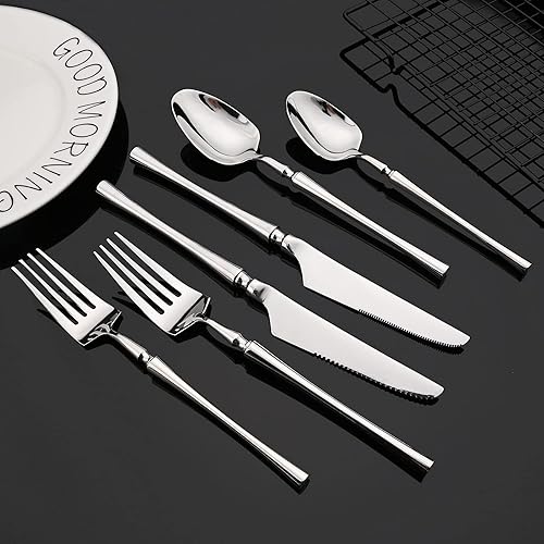 Miniatura 4 de JASHII Juego de vajilla de lujo de 24 piezas para 4 cubiertos con cuchara para ensalada y tenedor, cuchillo para bistec, utensilios de cubiertos,