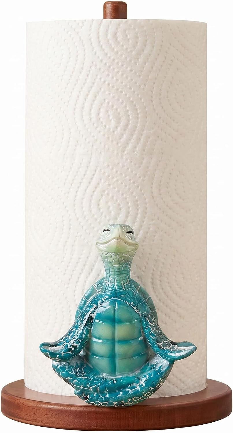 Turtle Paper Towel Holder,Coastal Kitchen Decorative,Funny Yoga Turtle Wooden Blue Paper Towel Stand Countertop with Anti Slip,Gifts for Women Rustic Beach House Home,4 Suction Cup