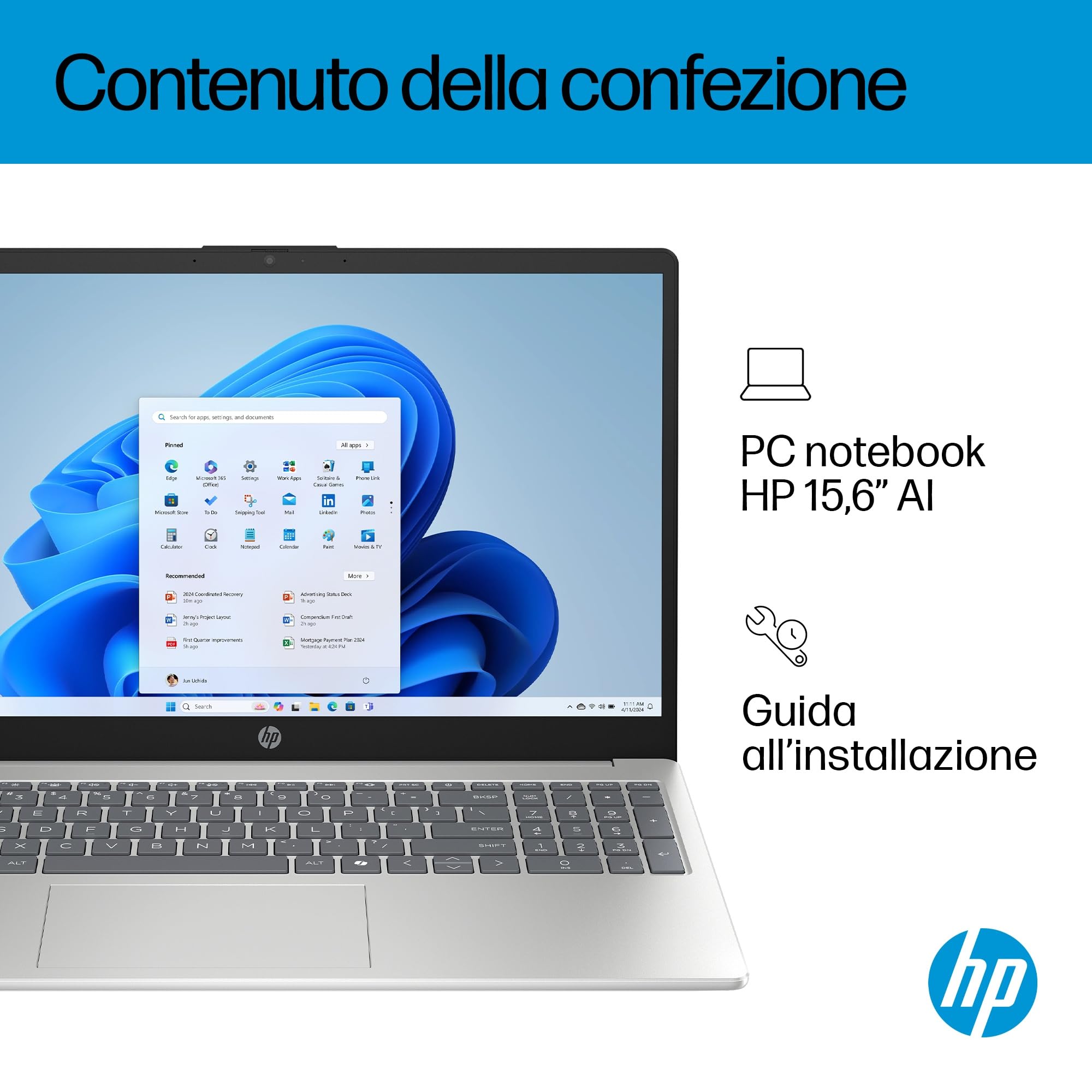 HP Laptop 15-fd1000slx, Notebook, Intel Core 7 150U, 16 GB RAM, 512 GB, Grafica integrata, Display 15,6" FHD Antiriflesso 250 nits, Laptop, Windows 11, Portatile, Argento