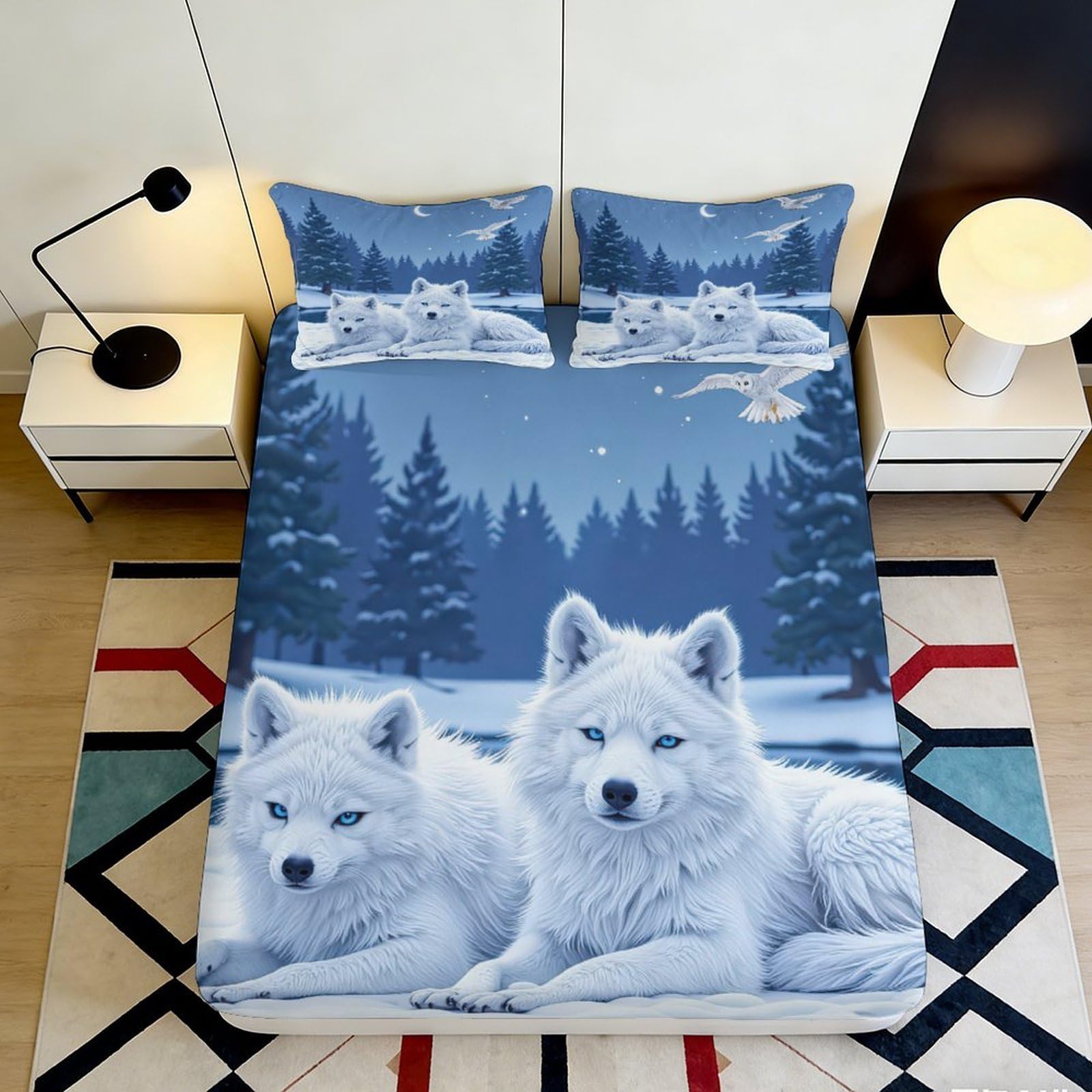 3D Printed White Wolf Forest Fitted Sheet Microfiber Soft Breathable Snow Scene Mattress Cover for Bedroom Dorm Decor 90x200x25cm