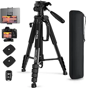 75" Camera Tripod, Aluminum Heavy Duty Camera Stand for ipad Phone, Travel Tripod with/Carry Bag/Phone Tablet Holder, Compatible with Canon Nikon Sony DSLR, Spotting Scopes, Max Load 15 Lb(Black)
