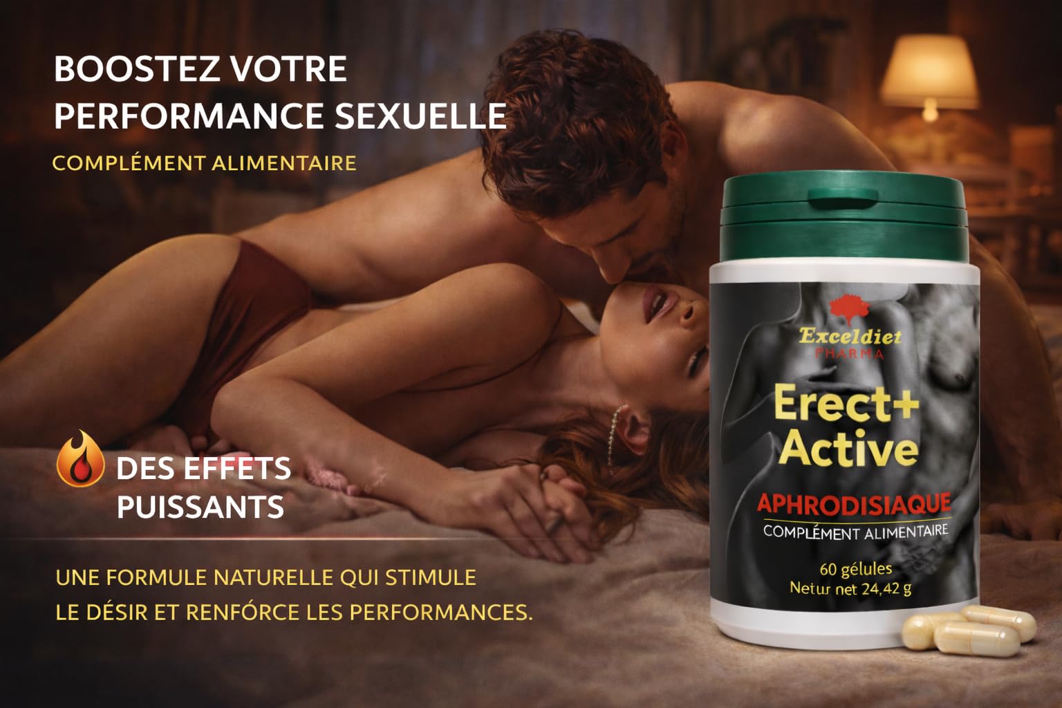 ERECT + ACTIVE - Complément Alimentaire Tonifiant Sexuel Intense pour Homme - Performance, Vigueur, Endurance Sexuelle - Maca, Ginseng, Tribullus, Zinc, 60 gélules