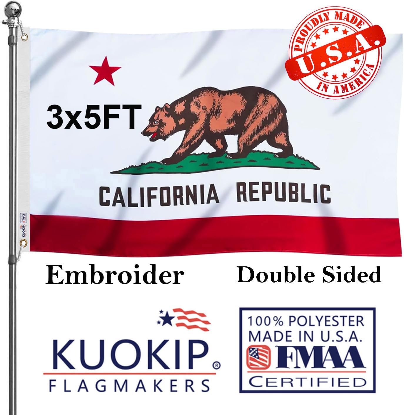 Double Sided Embroidery Californian State Flag 3x5 Outdoor Made In USA Heavy Duty 340D Great Nylon Californian CA Flags Banners with 2 Brass Grommets