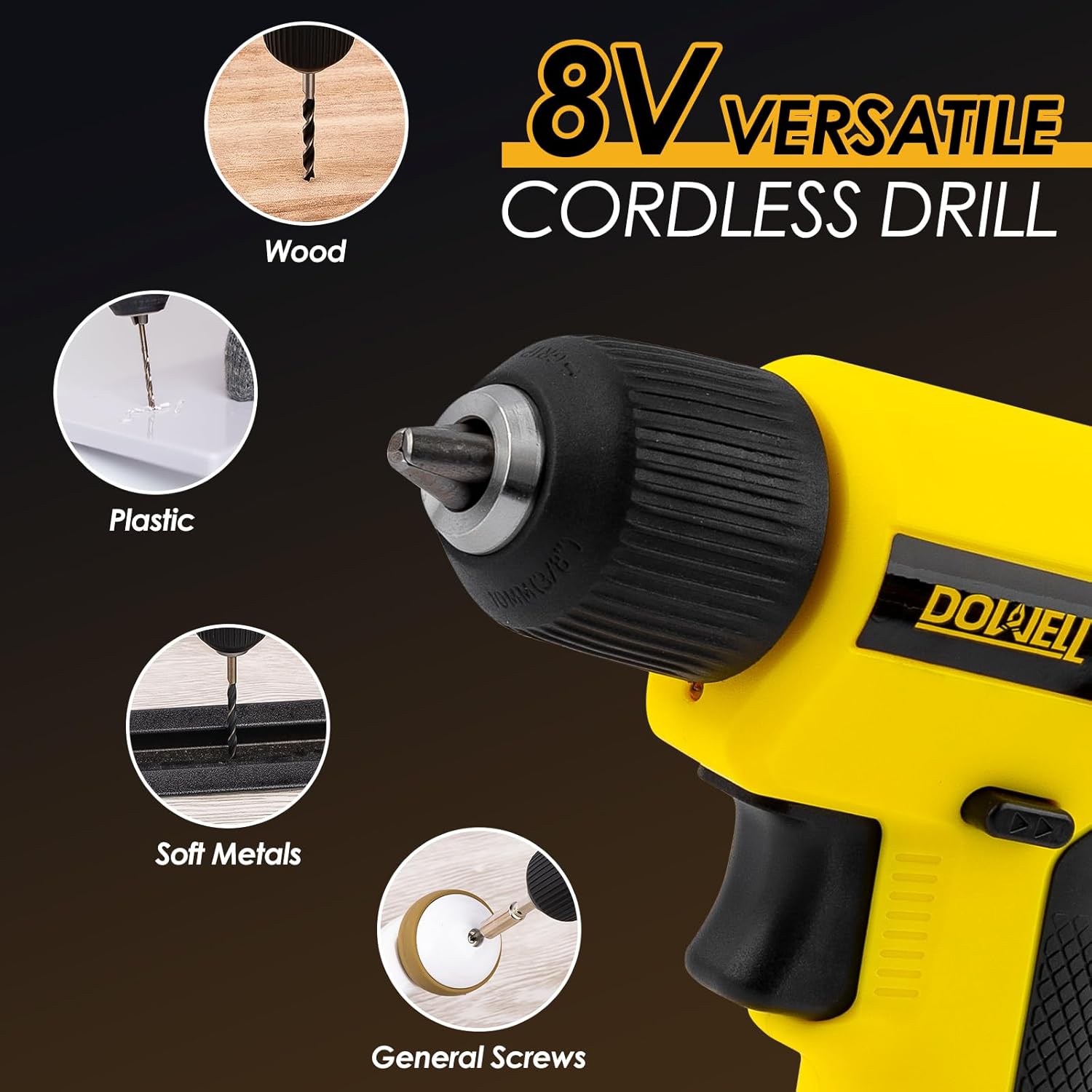 DOWELL 8V Cordless Drill Tool Set 58 PCS, Built-in LED, Variable Speed, Type-C Charge Cable, Blow Molded Case, for DIY, Home Maintenance & Light Drilling, Yellow