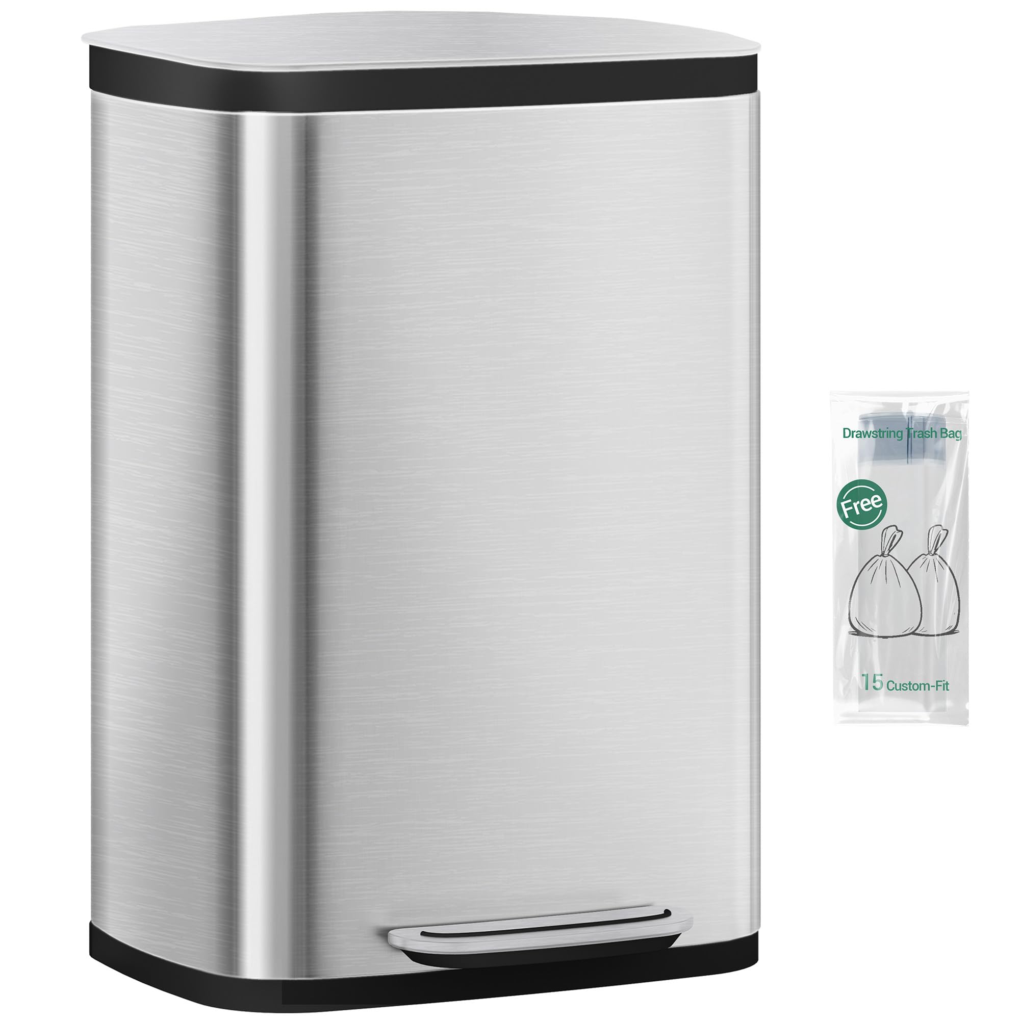 Hzuaneri Kitchen Bin 50 L, Pedal Bin with Soft-Close Lid, Stainless Steel Rubbish Bin with Handle, Removable Inner Buckets, 15 Inner Buckets, Silver SW15099E