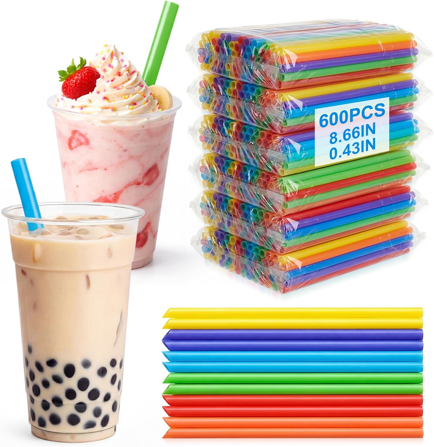 Tessco for you 600 Pcs 8.66 Inch Jumbo Smoothie Straws Bulk for 12-24 oz Disposable Cups Large Plastic Bubble Tea Straws Wide-Mouthed Individually Wrapped for Tall Milkshakes Drinking(Classic Color)