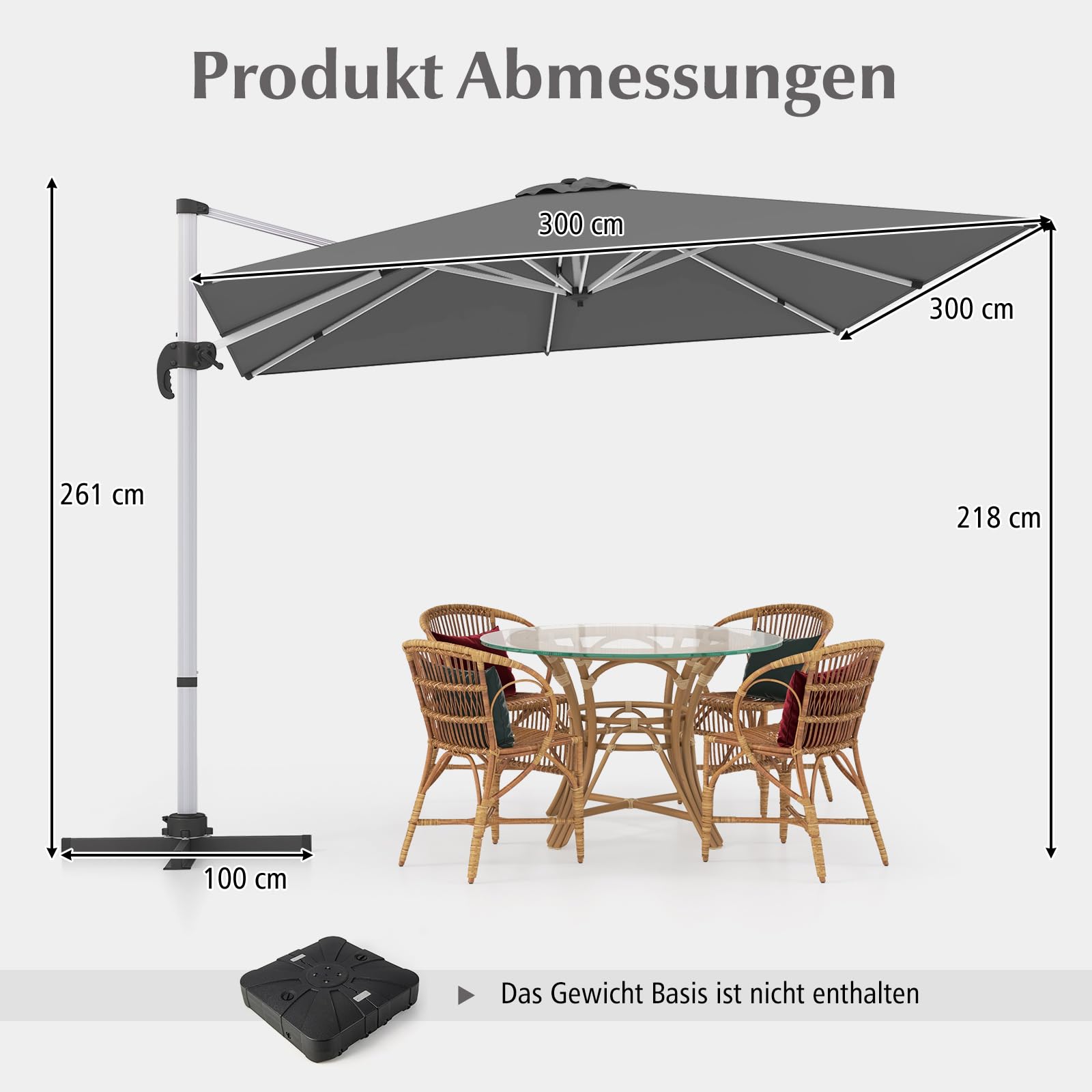 COSTWAY Parasol przeciwsłoneczny, prostokątny, 300 x 300 cm, duży parasol przeciwsłoneczny z korbą, parasol ogrodowy, odchylany o 360°, parasol tarasowy, do ogrodu, na taras, balkon, szary