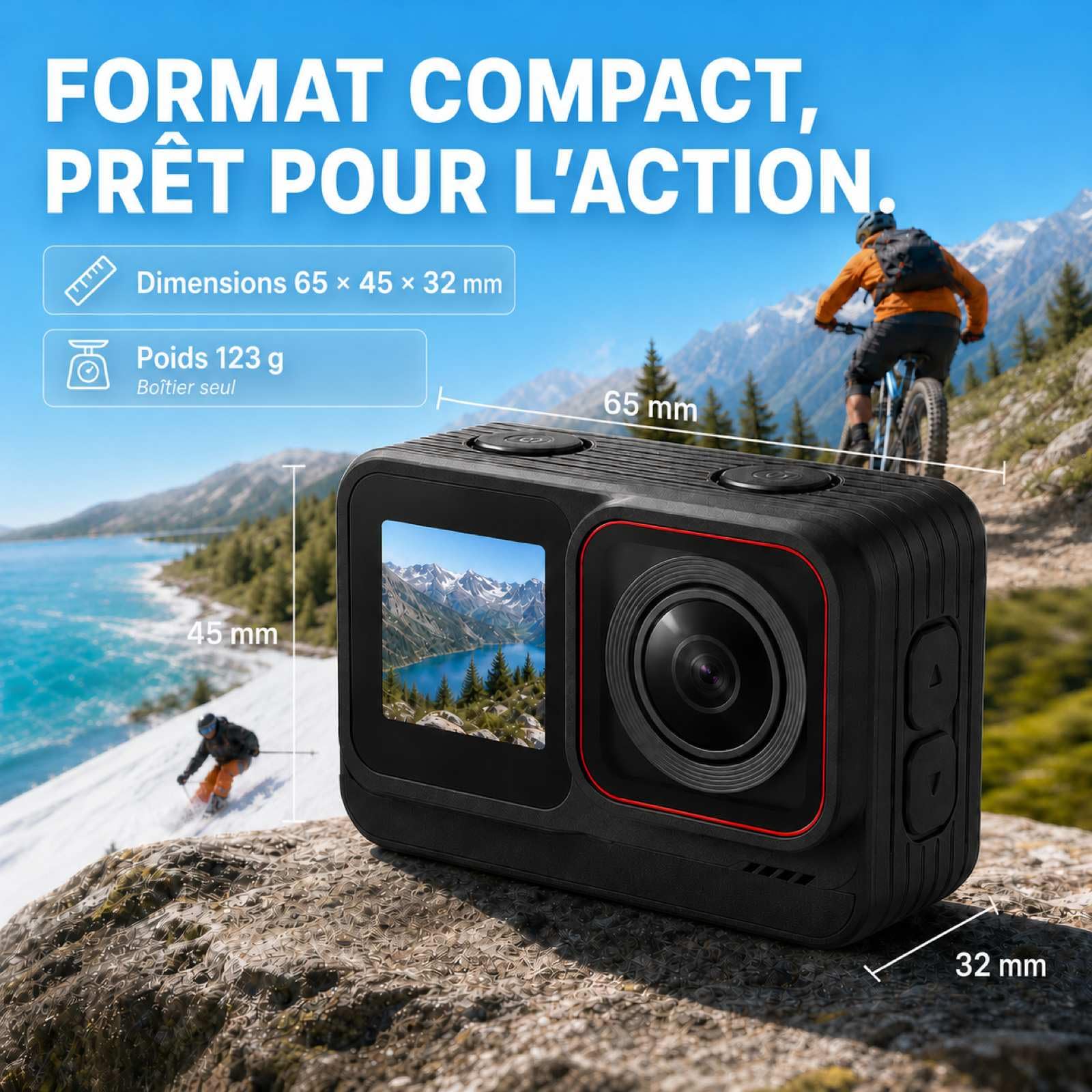 T20M Caméra d'action 4K pour vélo & POV Casque, étanche 5 m sans boîtier, stabilisation EIS 6 Axes, Double écran, 2 Batteries, Station d'accueil et Carte 64 Go