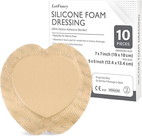 LotFancy Apósito de espuma sacra, 10 unidades, 7 x 7 pulgadas, apósito de espuma de silicona, vendaje para heridas con borde, sacro, úlceras por