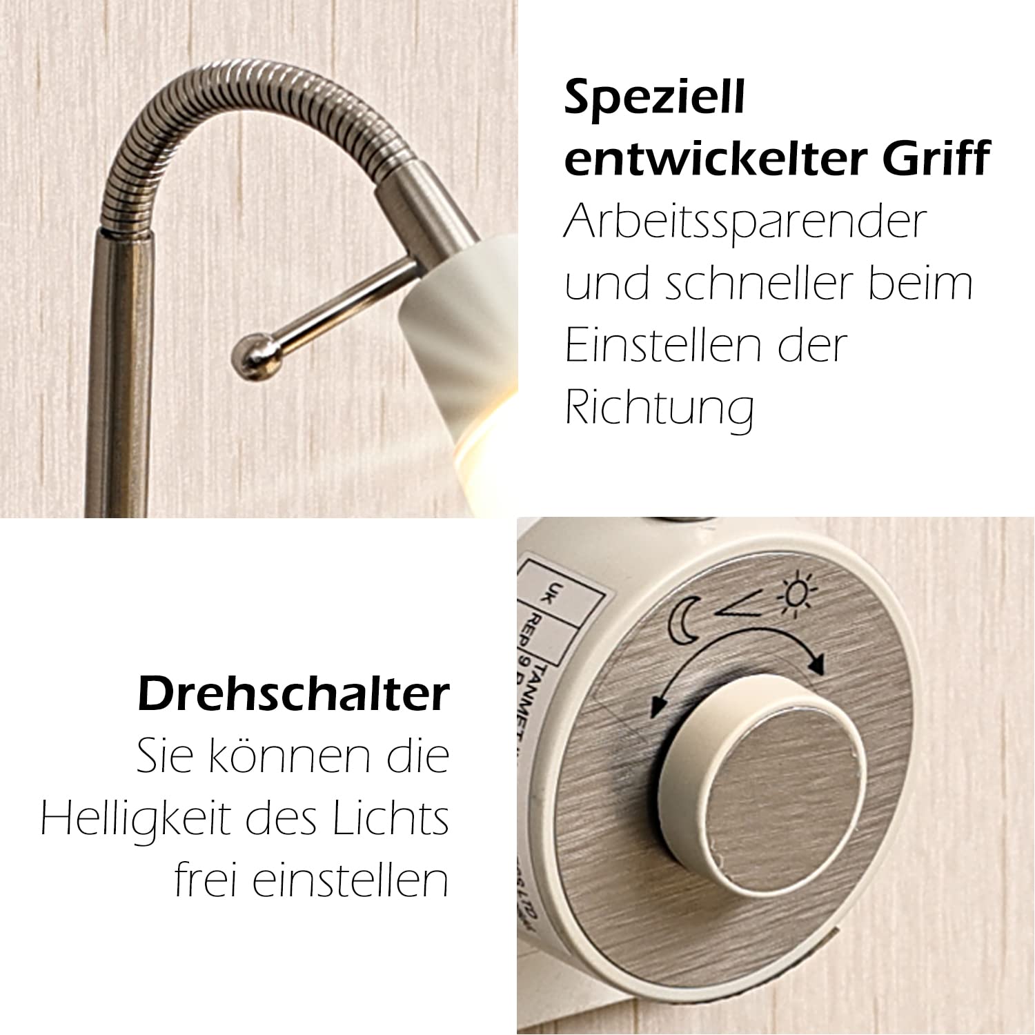 Dimmbare LED Steckdosenlampe, Leselicht, Leselampe nickel gebürstet, 2W, Steckerleuchte mit Schwanenhals flexibel warmweiß 2700K