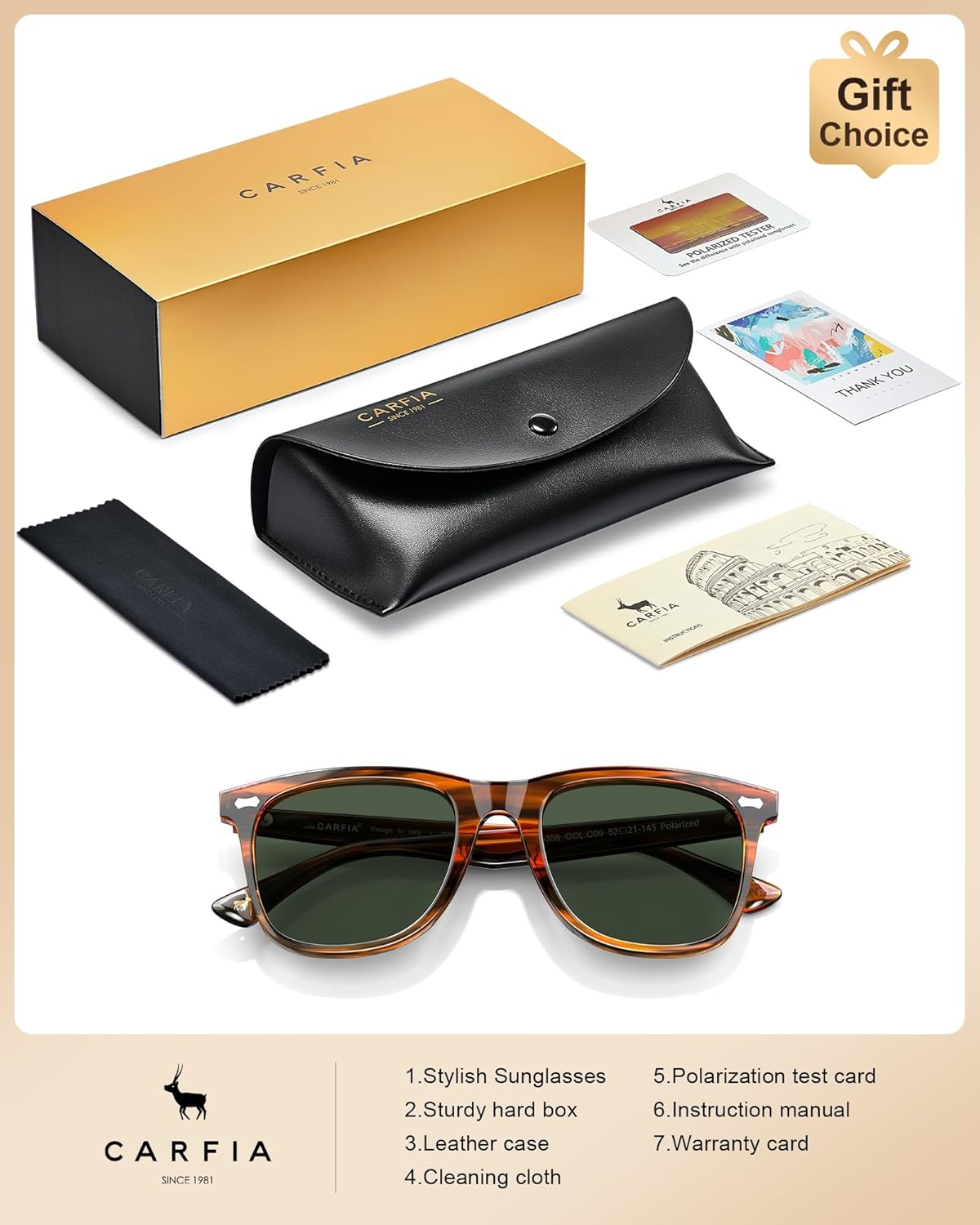 CARFIA Thick Polarized Sunglasses for Men UV400 Protection, Retro Square Hand-crafted Acetate Driving Shades CA5356