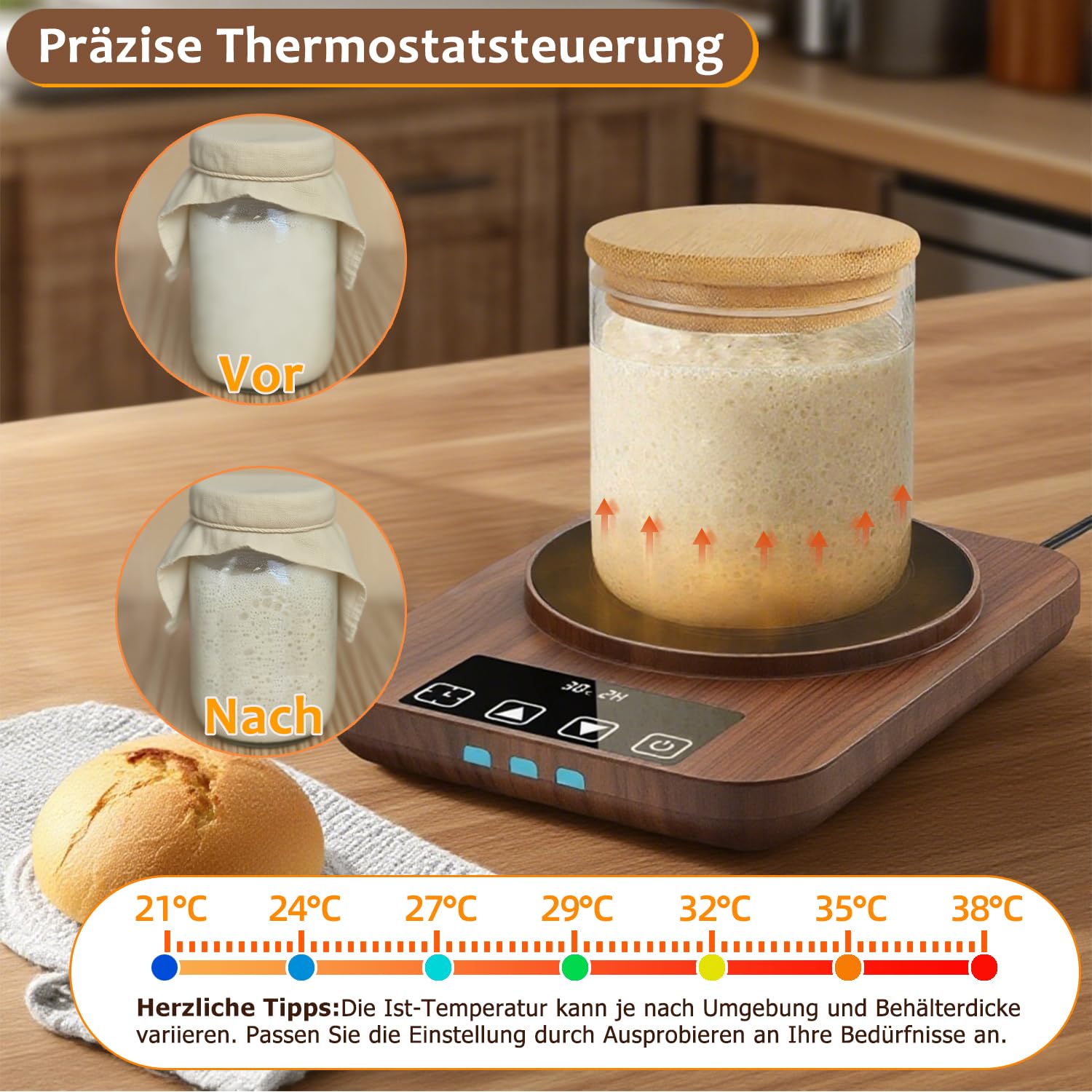 Sauerteigstarterwärmer Wärmeplatte Präzise 1℃ Thermostat 12H Timer Automatische Ein/Aus-Funktion Brotbacken Fermentation