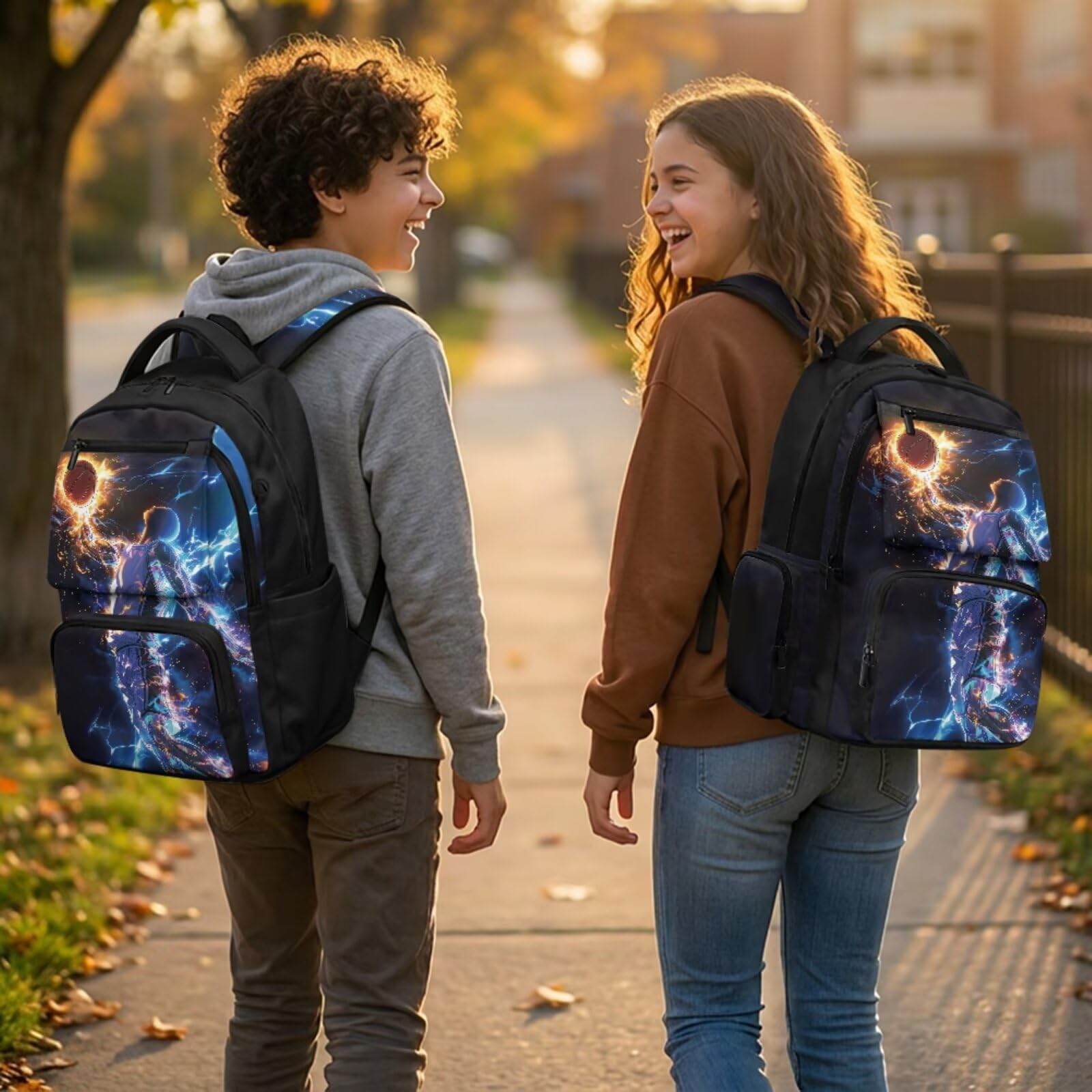 COEQINE Mochila deportiva para niños de 8 a 12 años con fiambrera, bolsa escolar de primaria, bolsa para viajes, estuche para lápices, llaveros, Basketball Lightning Blue Black Sport Player, M