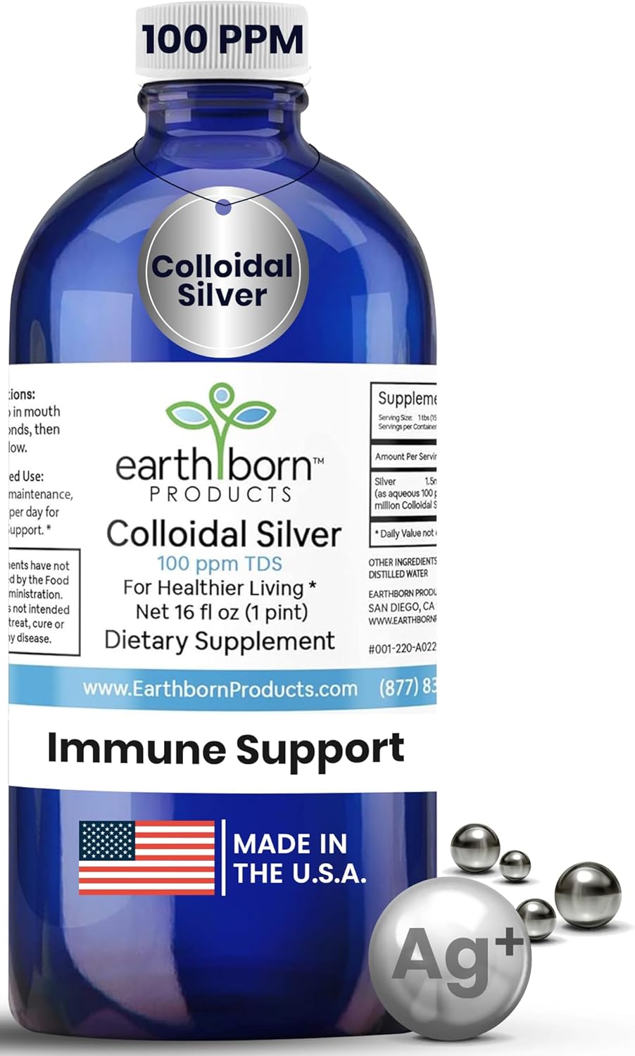 Earthborn Colloidal Silver Liquid (16oz) – 100PPM Pure Monatomic Silver Water – 99.9% Natural Nano Silver Liquid Supplement for Immune Support*, Non-GMO, Glass Bottle | Made in USA
