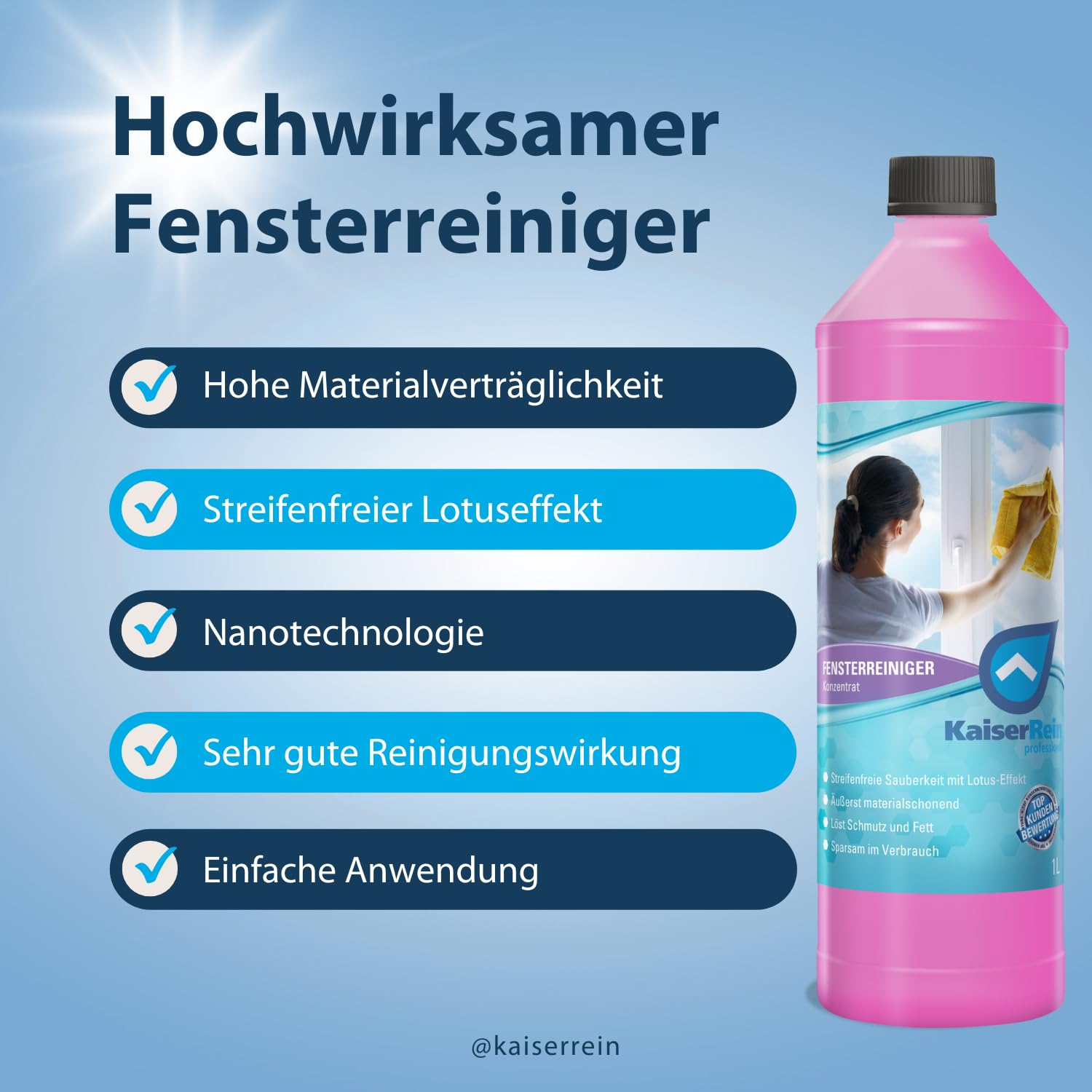 KaiserRein Fensterreiniger Konzentrat mit Lotuseffekt 10L - Professioneller Fensterreiniger für streifenfreien Glanz auf Glas, Fenstern und Spiegeln - Fenstersauger geeignet
