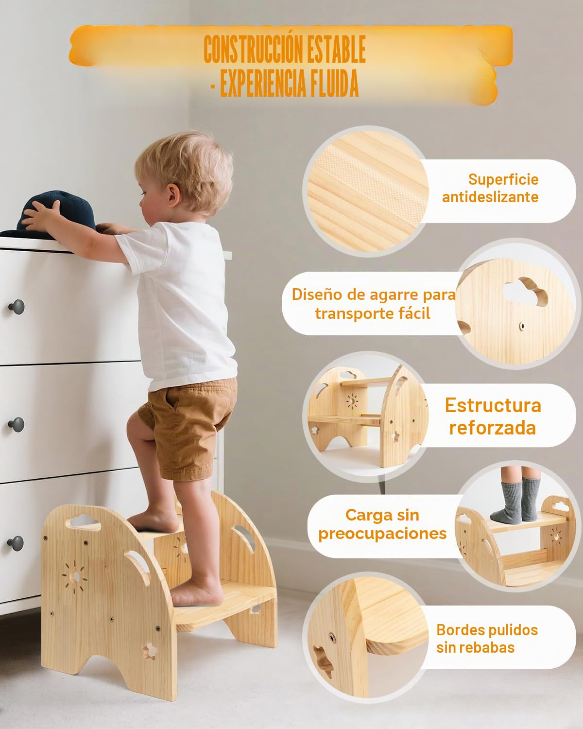 Taburete infantil de madera de 2 niveles, antideslizante, con asa, capacidad de carga de 200 kg, para cocina y baño a partir de 3 años
