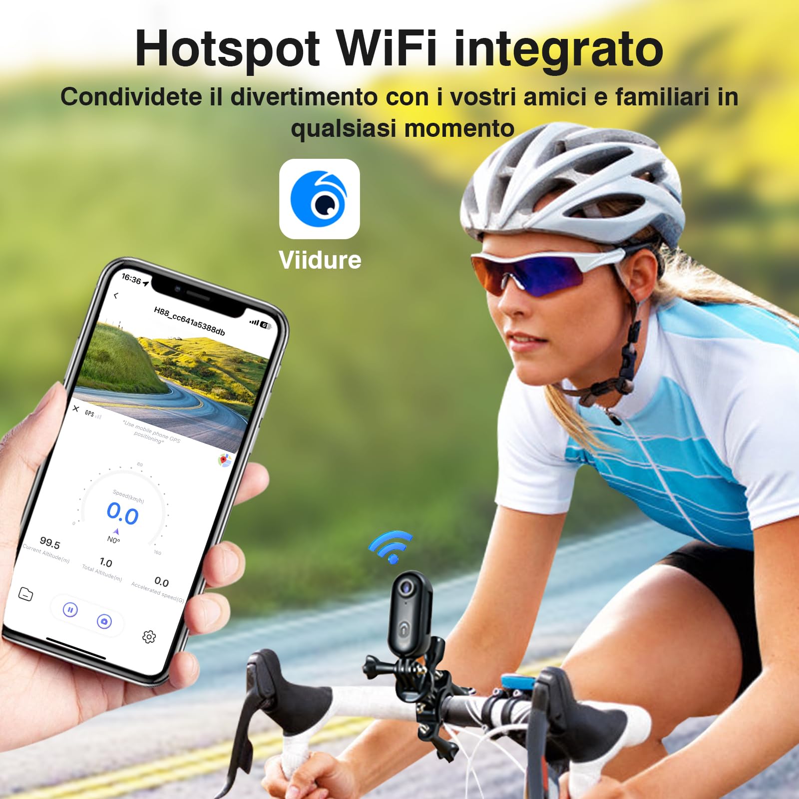 CYI Action Camera 4K Ultra HD con WiFi, Portatile Videocamera Sportiva Impermeabile 30m, Telecamera Casco Moto Con morsetti a 360°，120°Grandangolo, 150 Minuti per Moto/Ciclismo/Sci/Subacquea