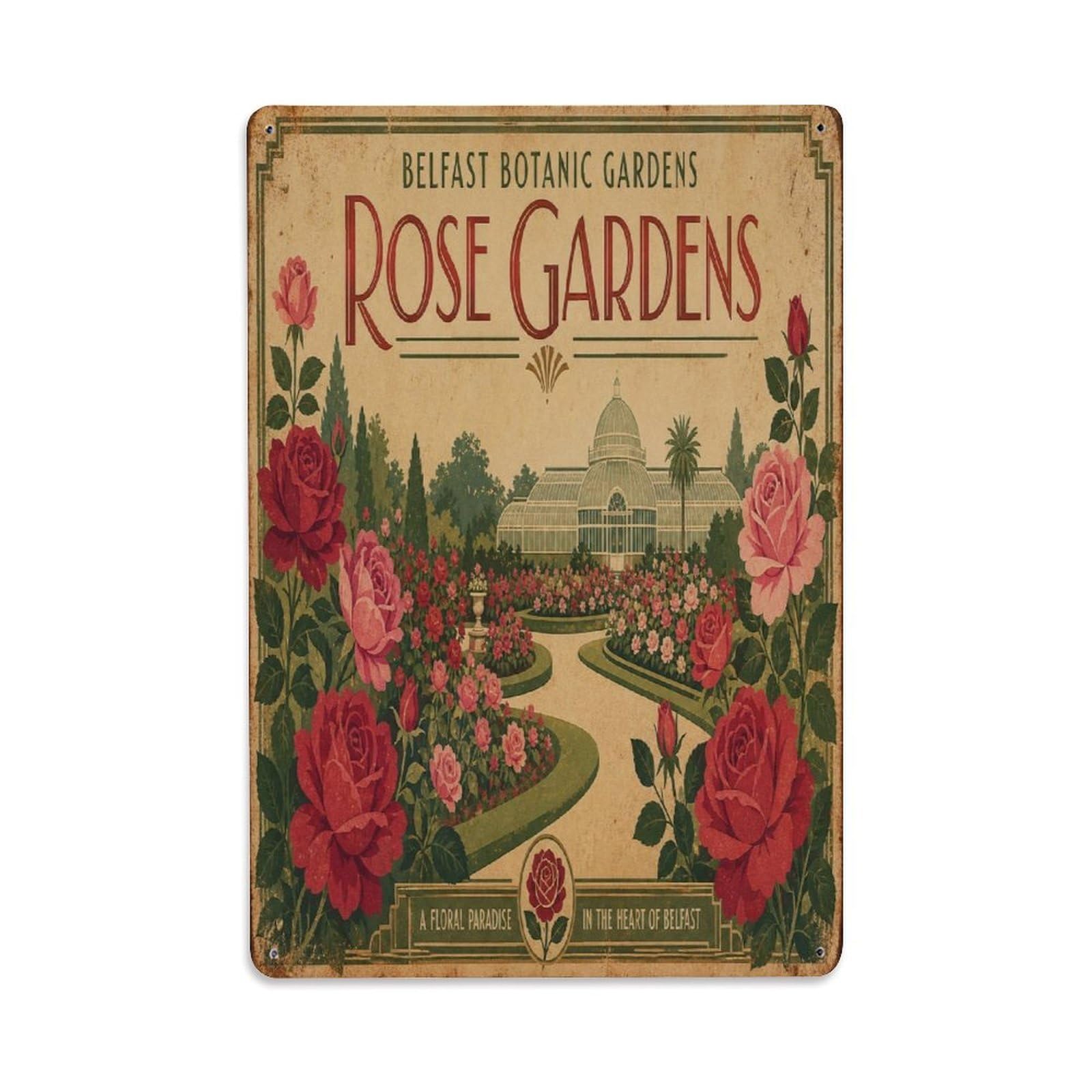 Belfast Botanic Garden Classic Victorian Greenhouse Metal Tin Sign Plaque Wall Decor for Cafe, Man Cave, Club Bar, Office, Home Garden Round Metal Poster 8x12Inch