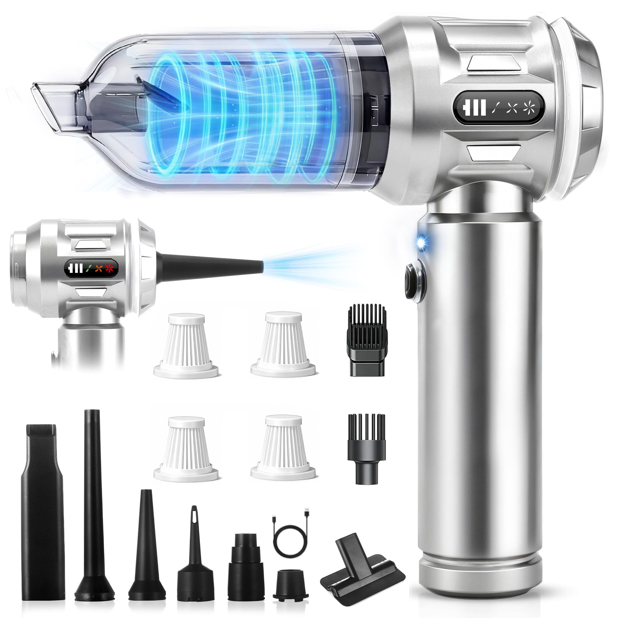 Citybee Aspirador de Mano sin Cable - Aspirador Coche Potente 25.000 Pa - 4 en 1 Aspirar y Soplado, Motor sin Escobillas - 3 Niveles, Luz LED, USB-C - Coche Hogar Pelo de Mascotas