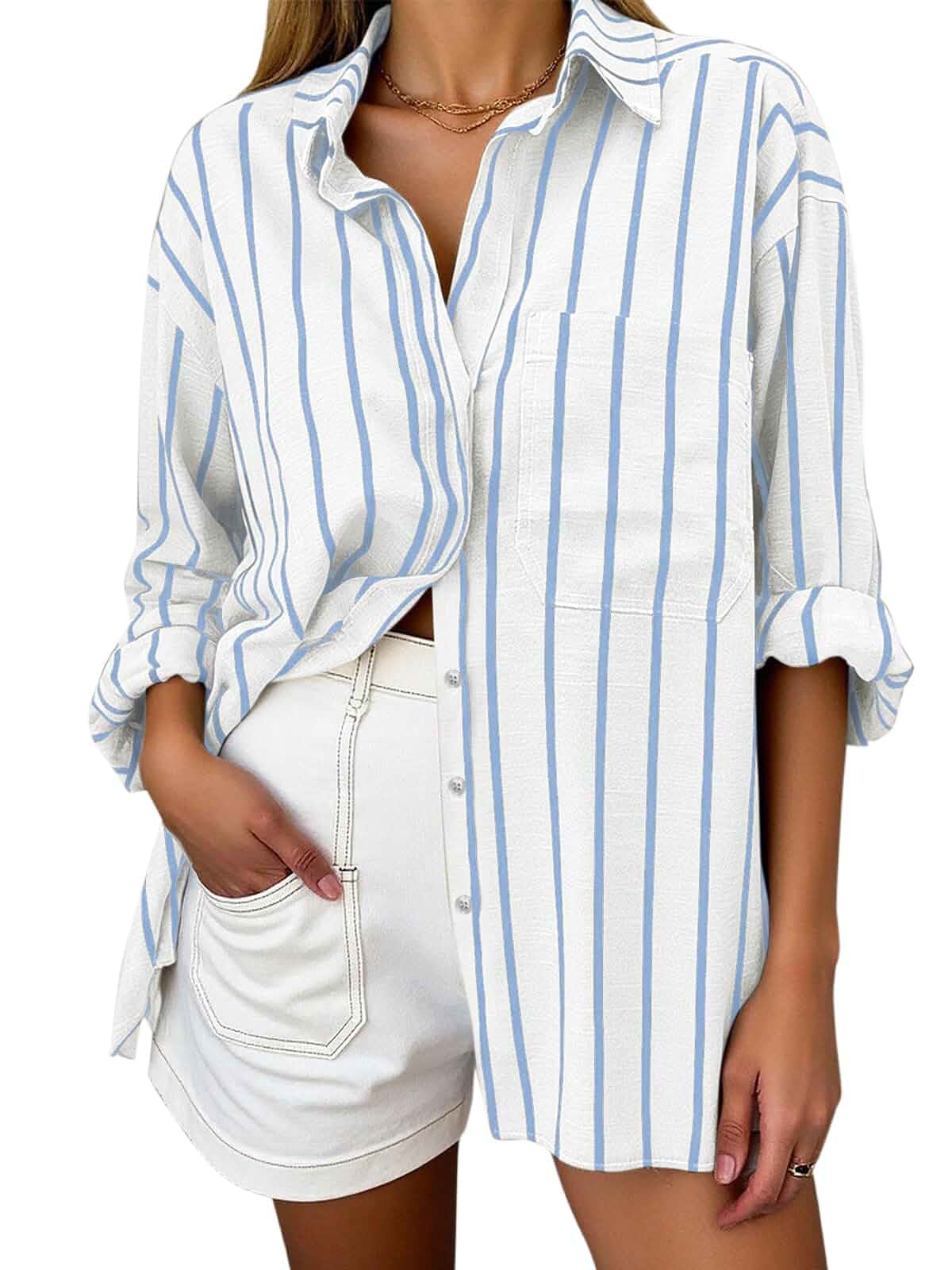 Oversized Button Down Shirts for Women Cotton Oxford Shirt Long Sleeve Collared Blouse with Pocket Beach Vacation Outfit Long Sleeve