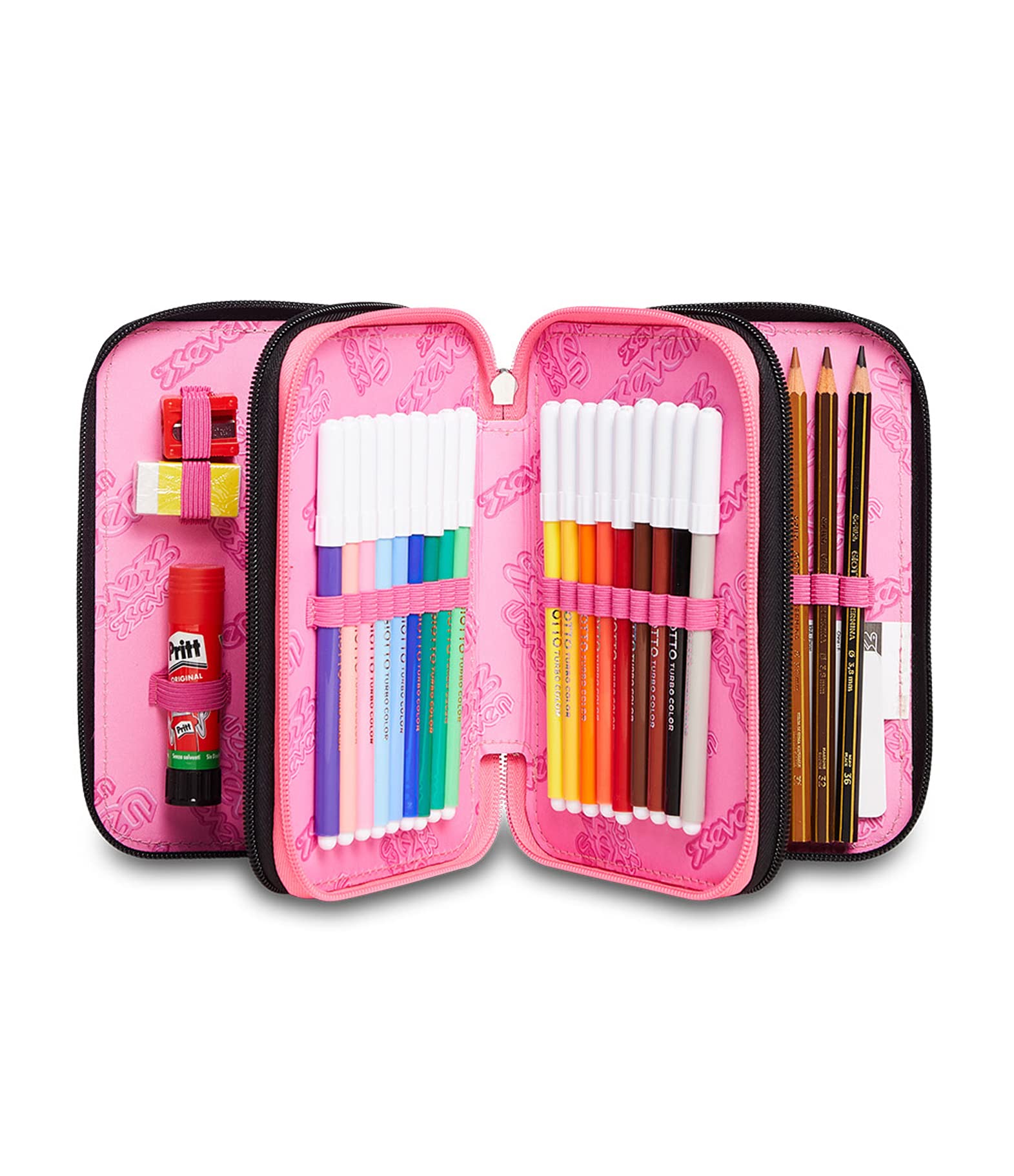 Astuccio Scuola Seven 3 Scomparti - Yourself Girl Ragazza - Completo di Matite, Pennarelli - Nero, Rosa