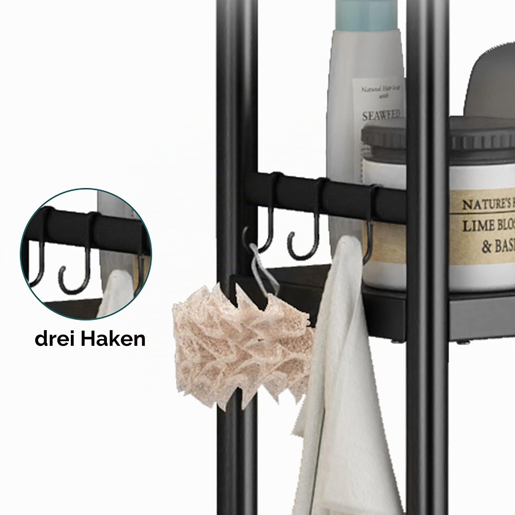 WPT Toilettenregal 3 Ebenen, Edelstahl WC Regal Über die Toilette 50cm breit, Freistehendes Waschmaschinenregal mit Haken, Hohe Beanspruchung Toiletten Regal, Platzsparend, Industrieller Stil, Schwarz
