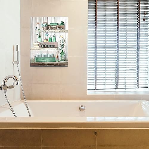 Miniatura 7 de Divertida decoración de baño, arte de pared rústico verde azulado, decoración de pared de libélula de baño, reglas de baño, pintura en lienzo,