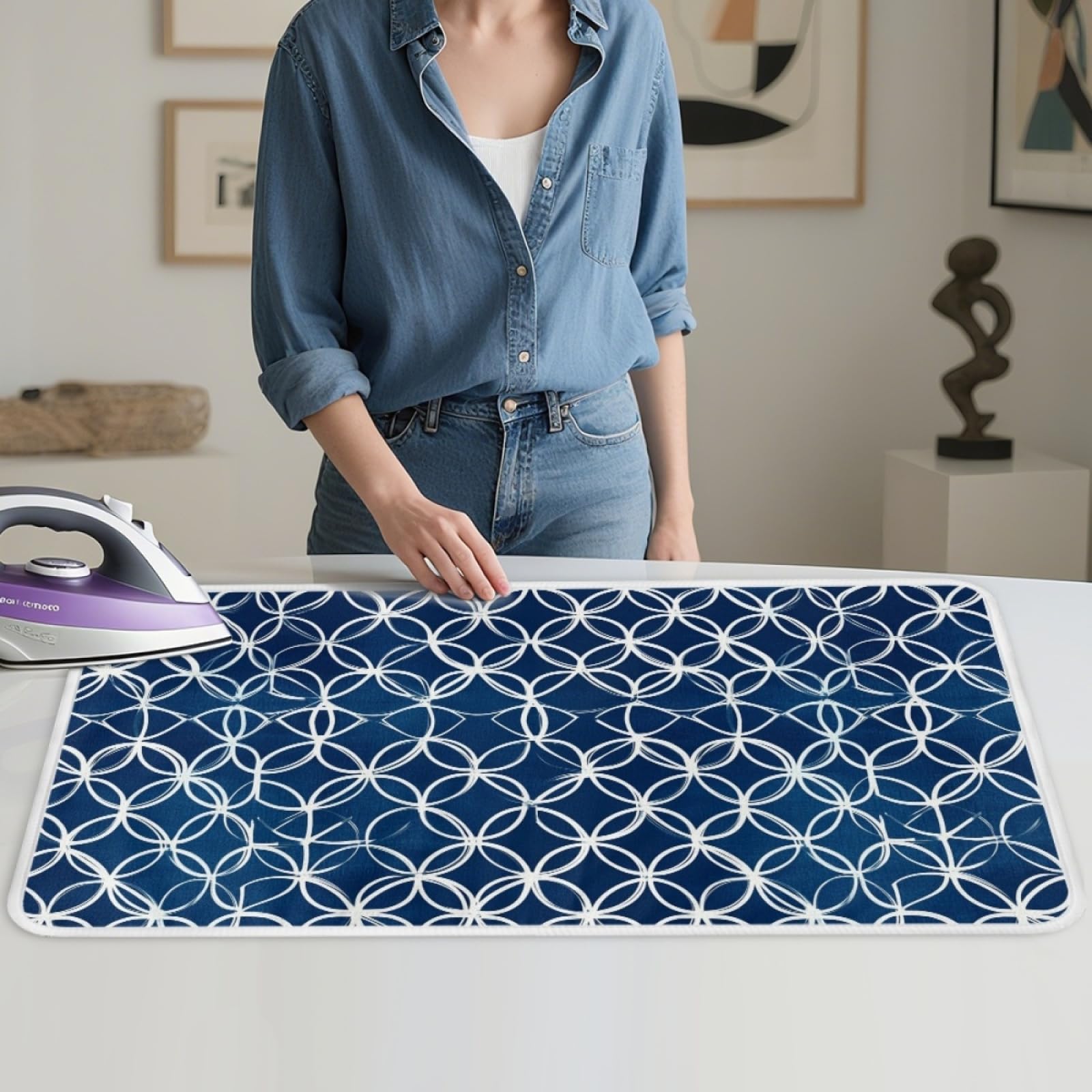Bügelmatte Dunkelblaue Geometrie Bügeleinlage Faltbares Hitzebeständig Waschbar Bügelauflage für Tisch und andere Oberflächen Bügelbrett Unterlage rutschfeste Bügeldecke 80x50cm (2 Stück)