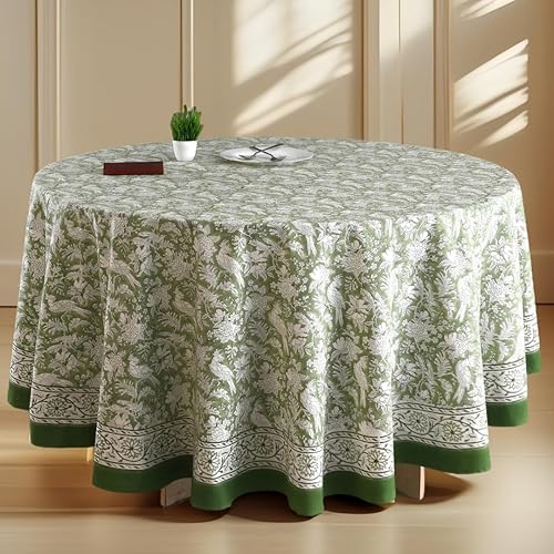 Miniatura 10 de Cotton Print Club - Mantel con estampado de bloques "verde esmeralda" - Mantel redondo de algodón impreso a mano - Acción de Gracias, Navidad,