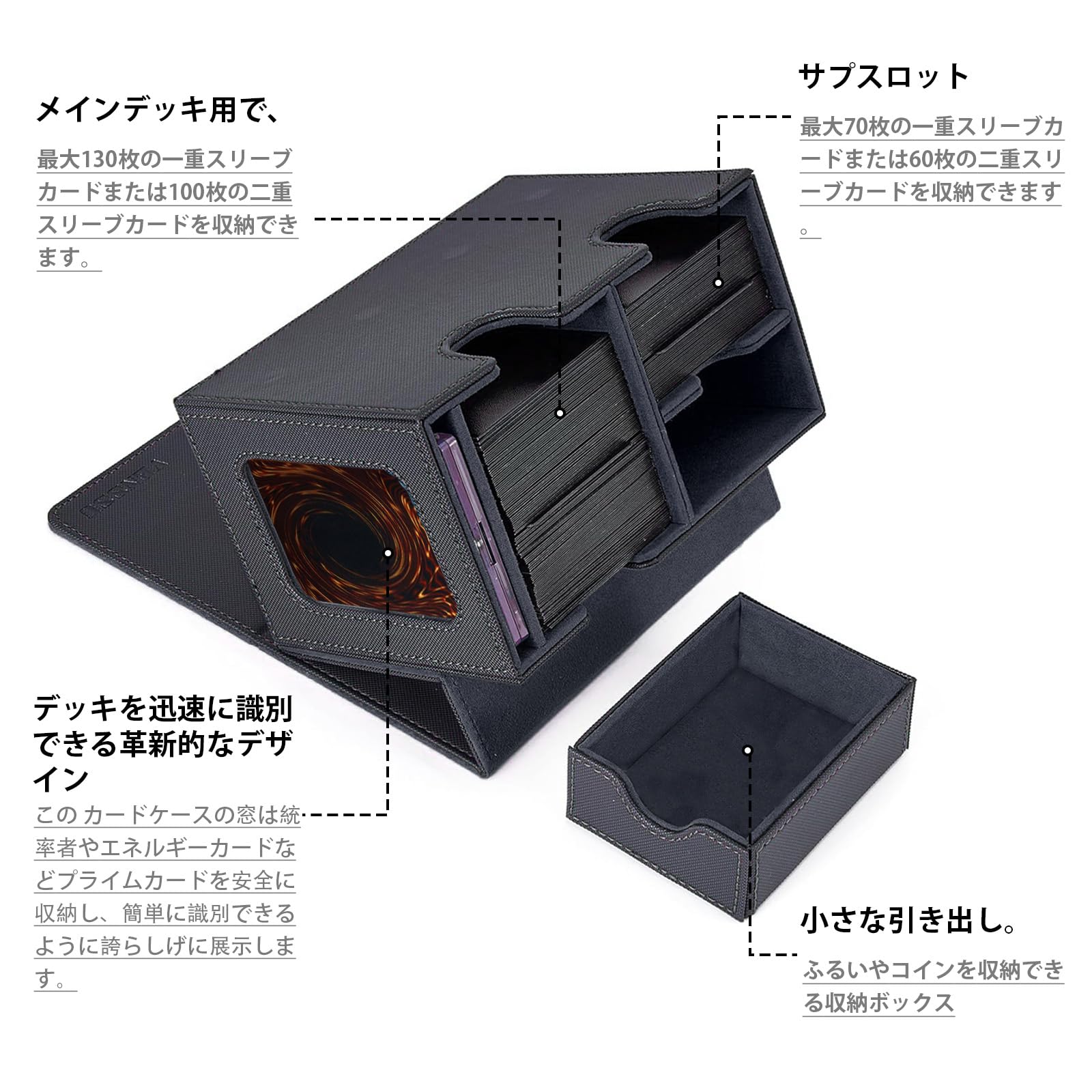 Amazon.co.jp: デッキケース トレカケース カードディスプレイウィンドウ ダイス入れ 200枚収納  仕切り板2つとマグネットローダー１つ付きMTG 遊戯王 ポケモン デュエマ 各種 カードゲーム BOX スリーブ対応 (黒内装灰, 二列) : ホビー