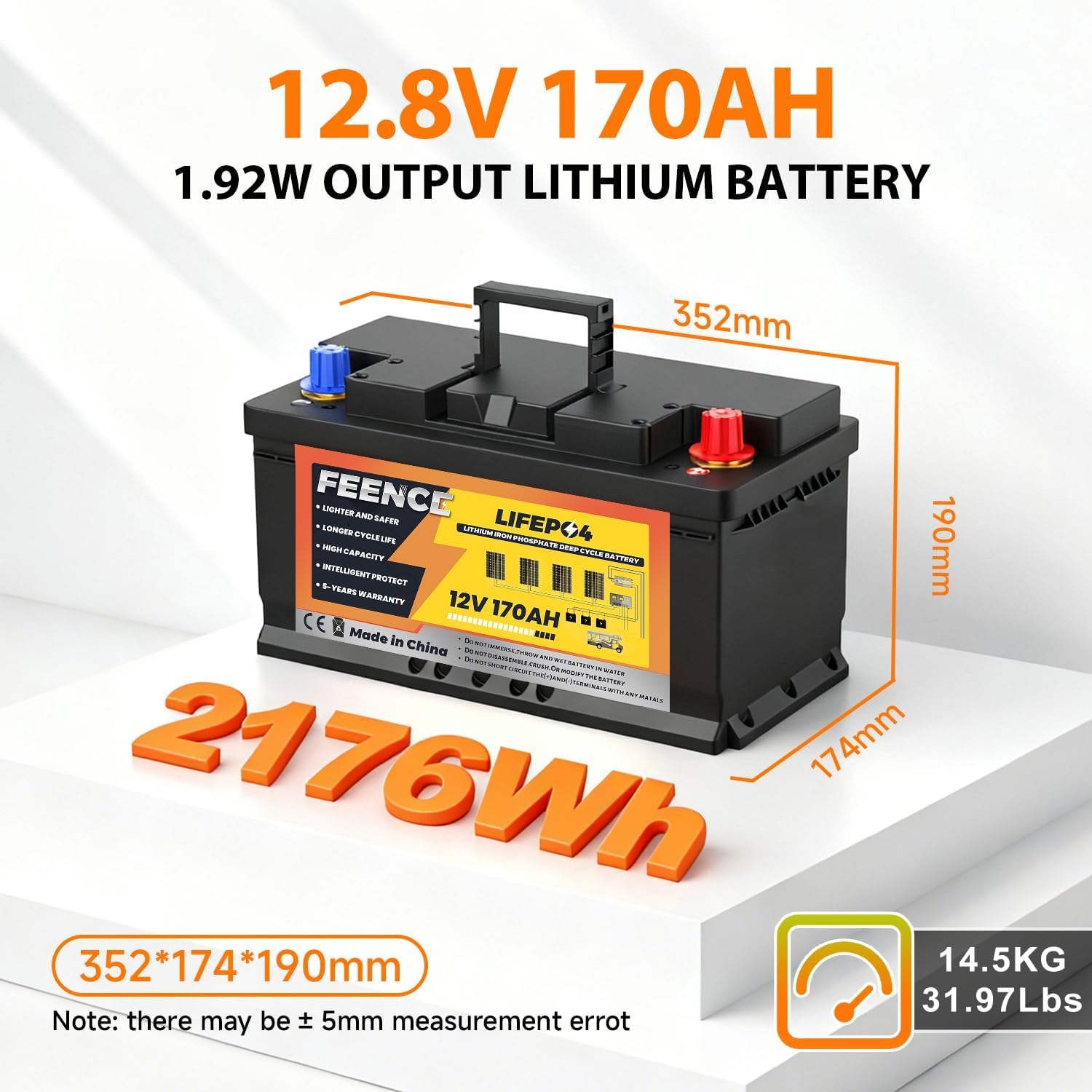 Selbsterwärmung 12V 170AH Lifepo4 Lithium Batterie mit 150A BMS, 2176Wh Capacity, -20℃ Ladung, 15000 Tiefzyklus Wiederaufladbare Lithium Akku für Wohnmobil, Notstromversorgung, Solar & Netzunab