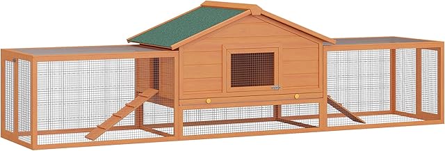 PawHut Wooden Rabbit Hutch Outdoor Run, Guinea Pig Hutch, Two-Storey Bunny House, Pet Habitat Animal Cage with Ramp, 309 x 79 x 86 cm